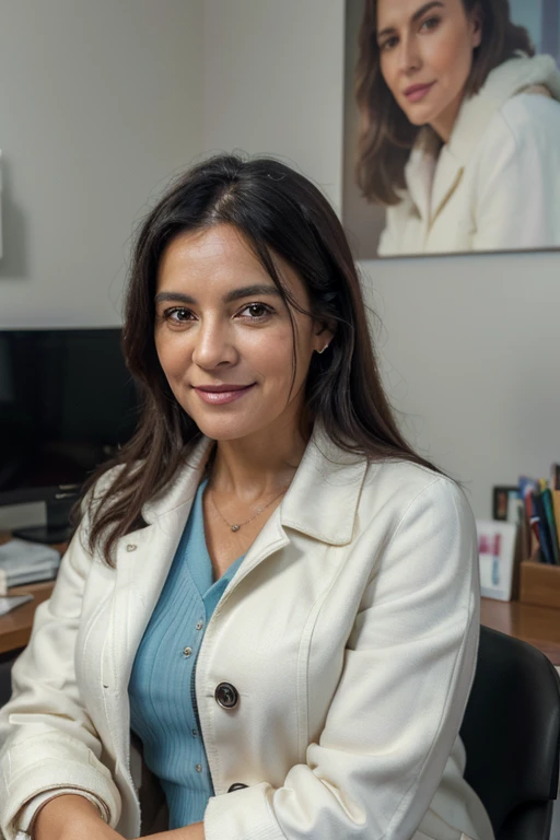 (Best quality, 4k, 8k, high resolution, masterpiece: 1.2), ultra detailed, (Photorealistic: 1.37), close-up portrait of a 50-year-old female doctor, beautiful black hair, looking at the camera head-on, colors bright, soft lighting, sitting in her office with a white coat, smiling