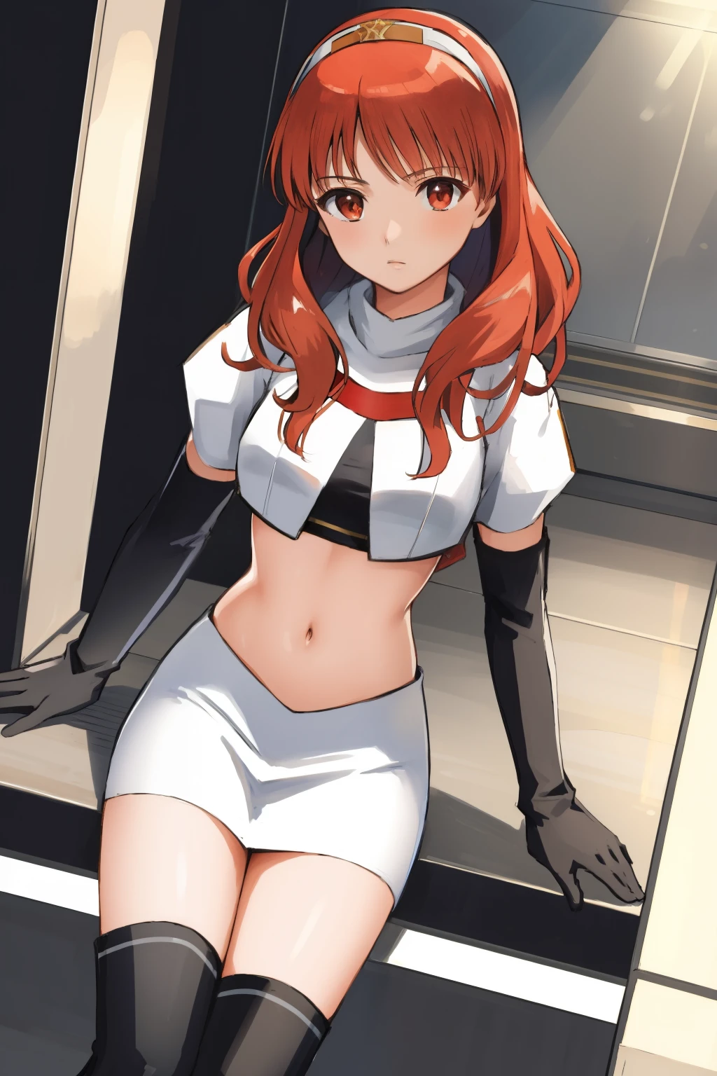 celica fe, 1girl, solo, looking at viewer, tiara, team rocket,team rocket uniform, red letter R, white skirt,white crop top,black thigh-highs,black elbow gloves