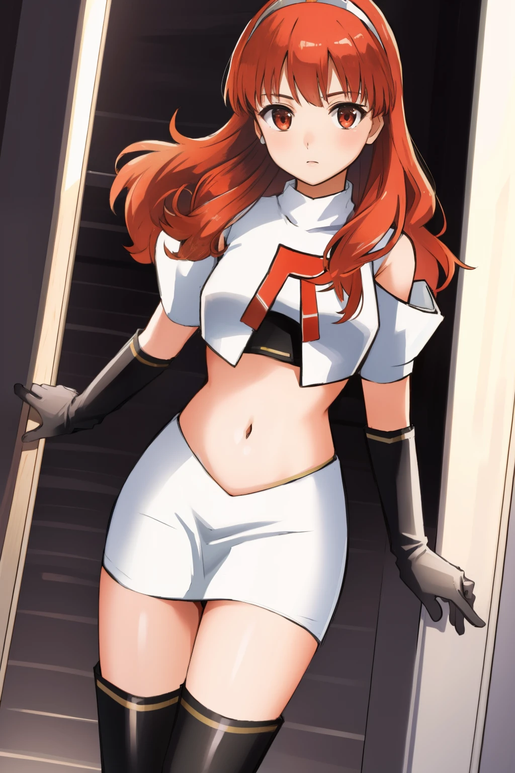 celica fe, 1girl, solo, looking at viewer, tiara, team rocket,team rocket uniform, red letter R, white skirt,white crop top,black thigh-highs,black elbow gloves