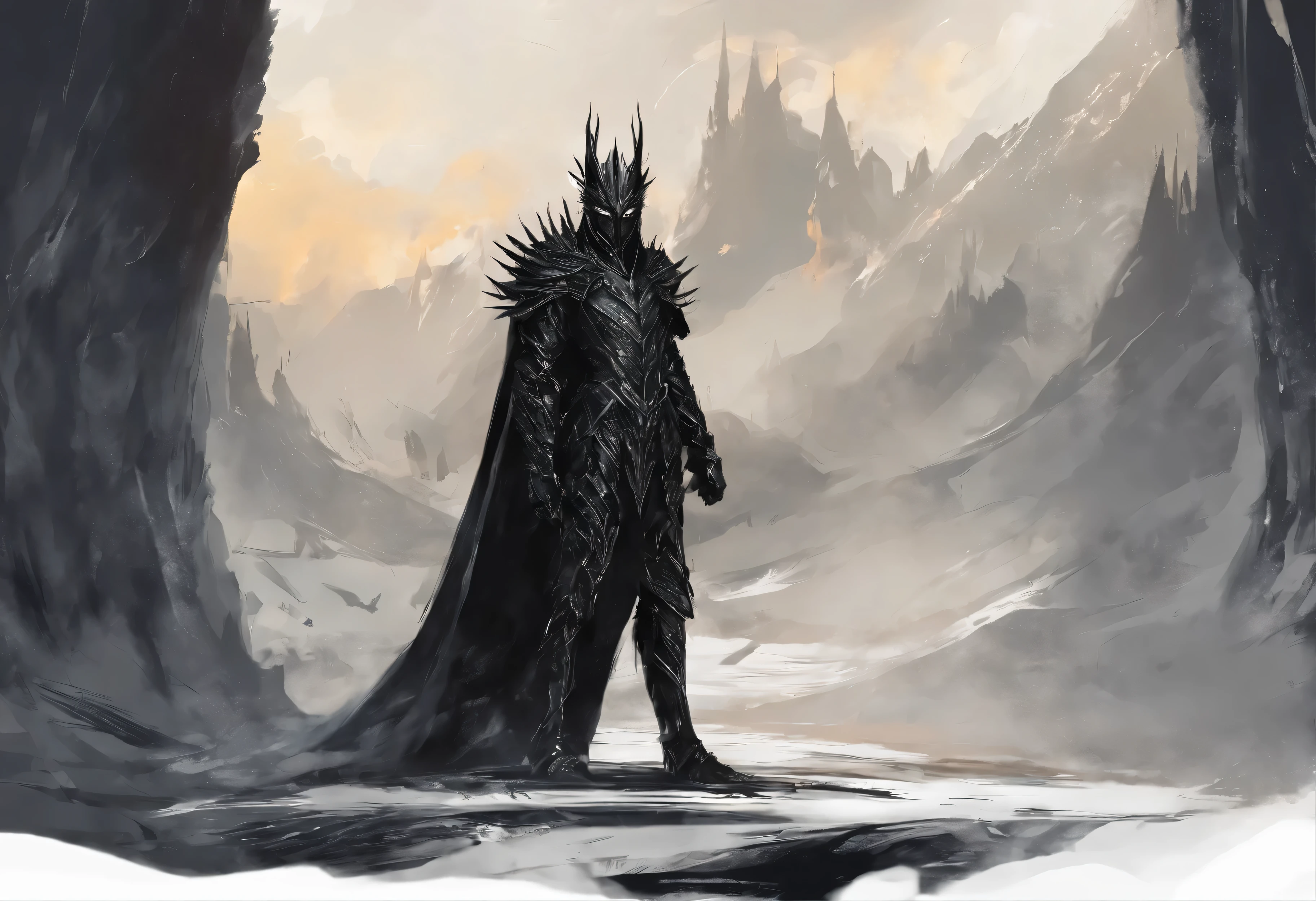 lord of the rings, sauron in black spiky medieval armor, shining eyes