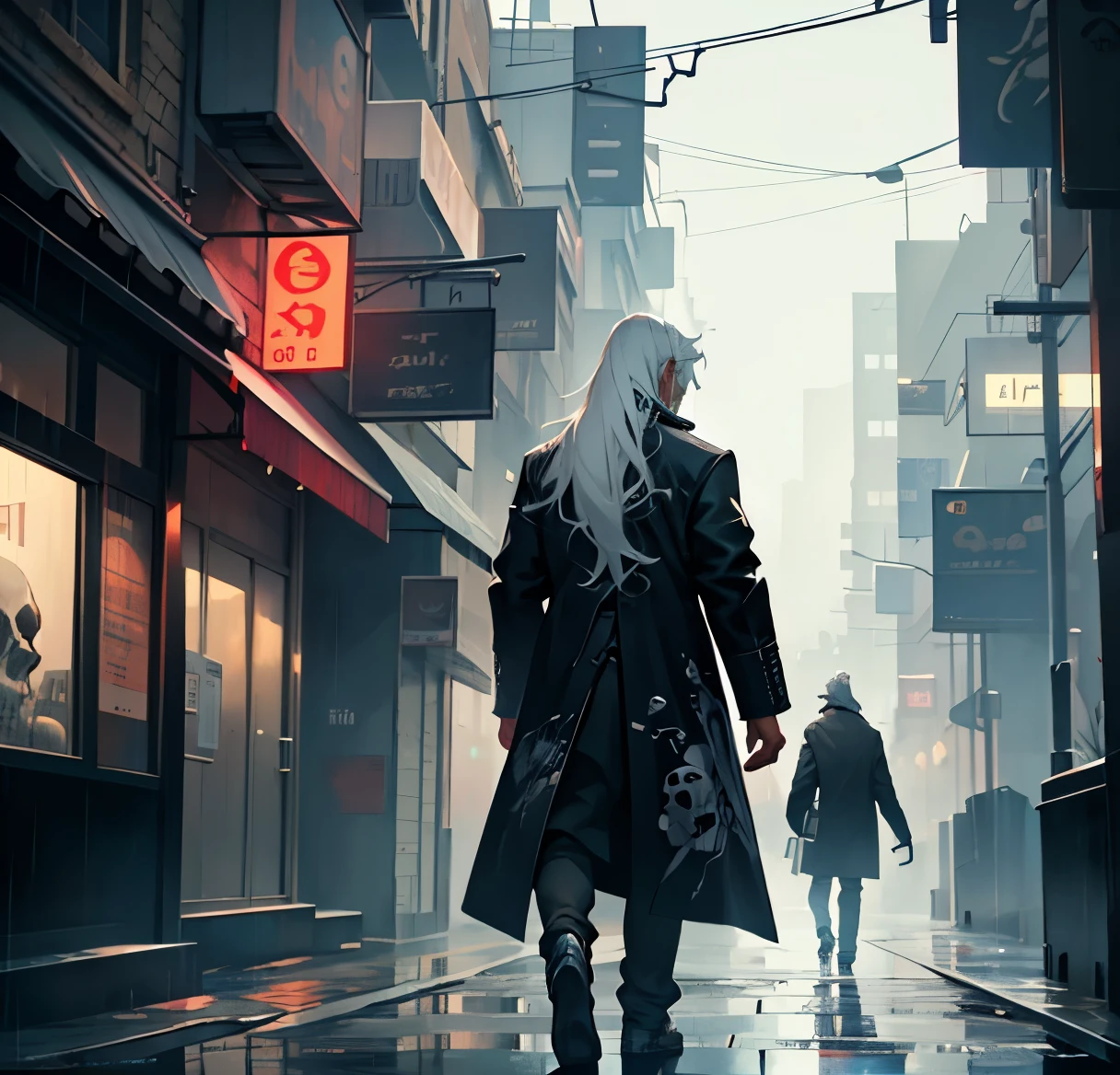 A young man with white hair walking on the sidewalk, facing away, in the rain. The atmosphere is somber, with a sense of emptiness. He has long hair and is wearing a massive coat, which features a skull print on the back.