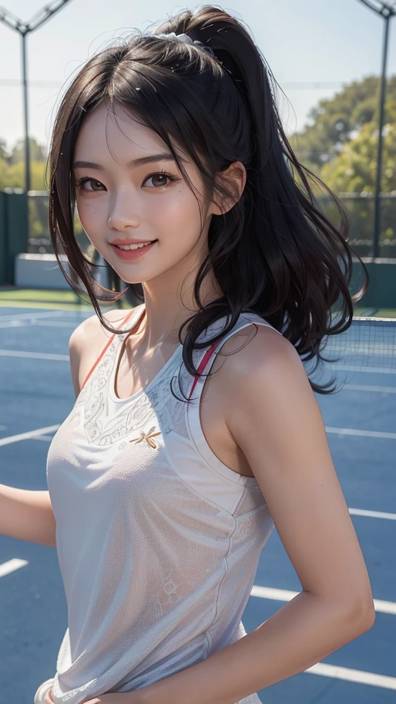 (realistically, masterpiece, 8K HD, Good lighting quality, Sportswear, fit snugly on face, intricate details), one，chinese woman, 25 years younger, happy, The smile is bright, Detailed faces, perfect style、combed black hair，Sportswear，afternoon，tennis court、The smile is bright, Detailed faces, delicate eyes,