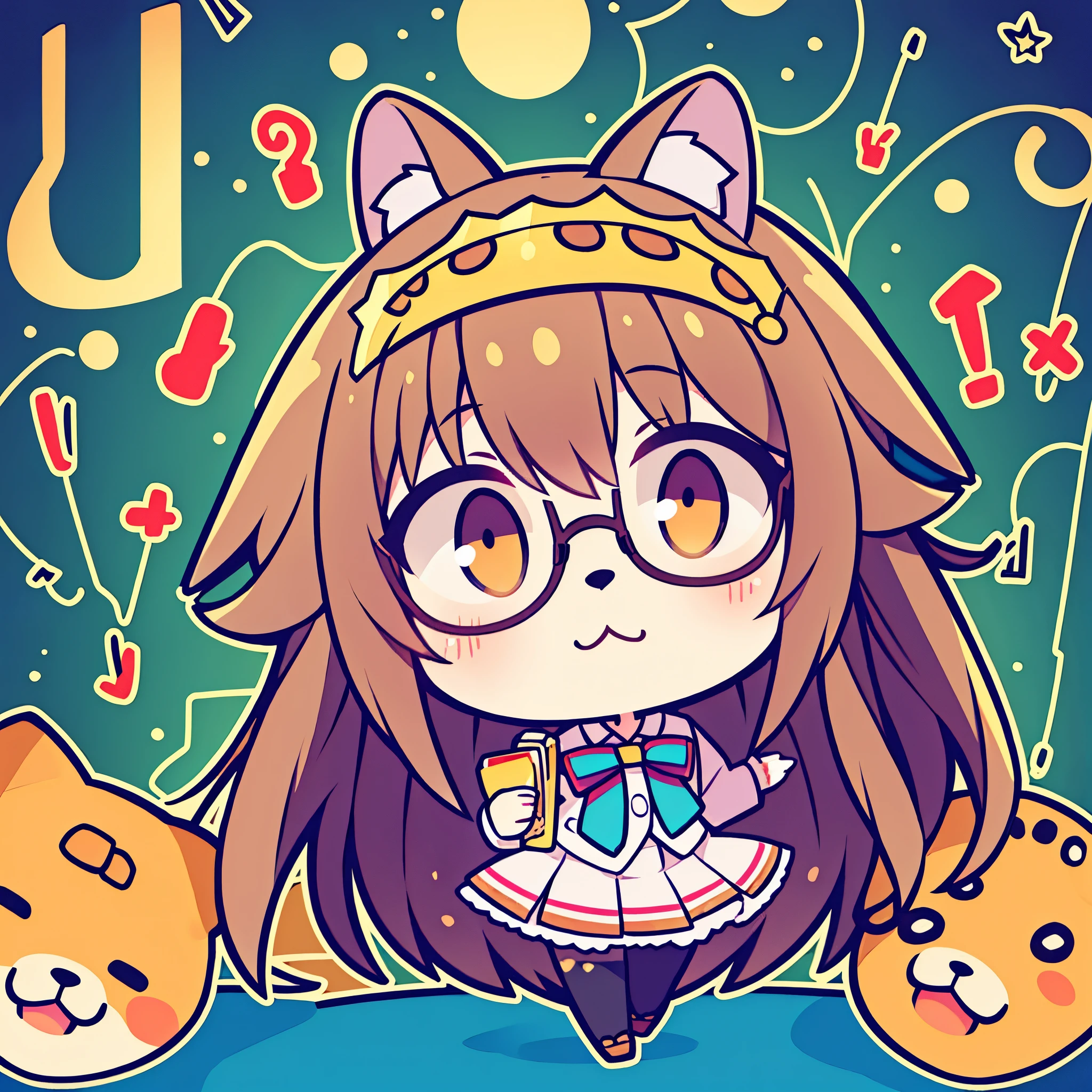 furry,leopard girl, long hair, school uniform,tiara, glasses, chibi