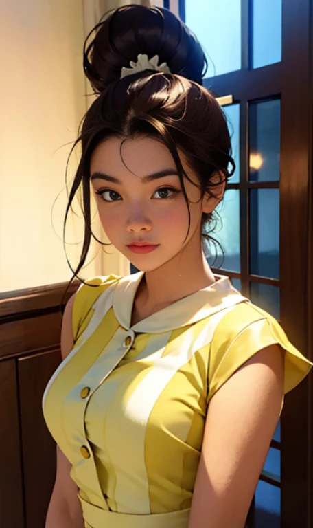 Photo of a 14 year-old american girl, .RAW, hermosa chica adolesente, (Long brown hair with ponytail), light brown hair ponytail hairstyle((retrato)), ((Cara detallada:1.2)), ((Detailed facial features)), (Piel finamente detallada) , (Masutepiece) (proporciones perfectas)(fotos realistas)(La mejor calidad) (Detallado) fotografiado con una EOS R5 de Canon, Lente de 50 mm, f/2.8, NffSW, (8k) (papel tapiz) (cinematic lighting) (Dramatic lighting) (sharp focus) (Enrevesado) senos medianos , pechos medianos , pecas en mejillas , cuerpo completo , hermoso cuerpo de mujer , lindo maquillaje , gran sonrisa , mujer delgada escultural , vestido de gala amarillo , vestido elegante escotado , dentro de casa , sala , posando en ventana