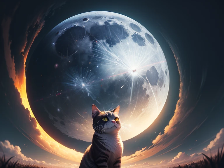 vast landscape photography、(seen from below, The sky is above、The open field is below)、Small silhouette of a cat sitting in a dandelion field and looking up、The size of the cat is 5 on the screen%is、(big full moon in the center: 1.2)、BREAK、Craft Art、intricate details、realism、BREAK、(masterpiece: 1.2)、(highest quality)、4K、super detailed、(dynamic composition: 1.4)、very detailed、colorful details, (Rainbow-colored: 1.2)、dream-like、Magic、