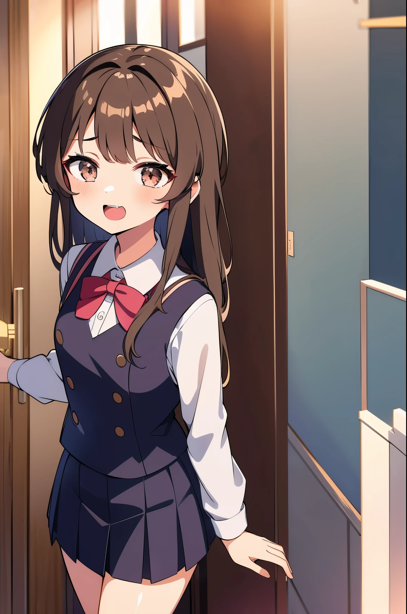 1girl, :d, azusagawa_kaede, blue_sky, blue_vest, blush, brown_eyes, brown_hair, chiharu_(9654784), cloud, collared_shirt, commentary_request, day, hair_flaps, hair_ornament, hair_over_shoulder, highres, long_hair, long_sleeves, looking_at_viewer, low-tied_long_hair, miniskirt, open_mouth, outstretched_arms, pink_skirt, pleated_skirt, round_teeth, school_uniform, seishun_buta_yarou, shirt, sidelocks, sketch, skirt, sky, smile, solo, spread_arms, teeth, upper_body, upper_teeth_only, vest, white_shirt