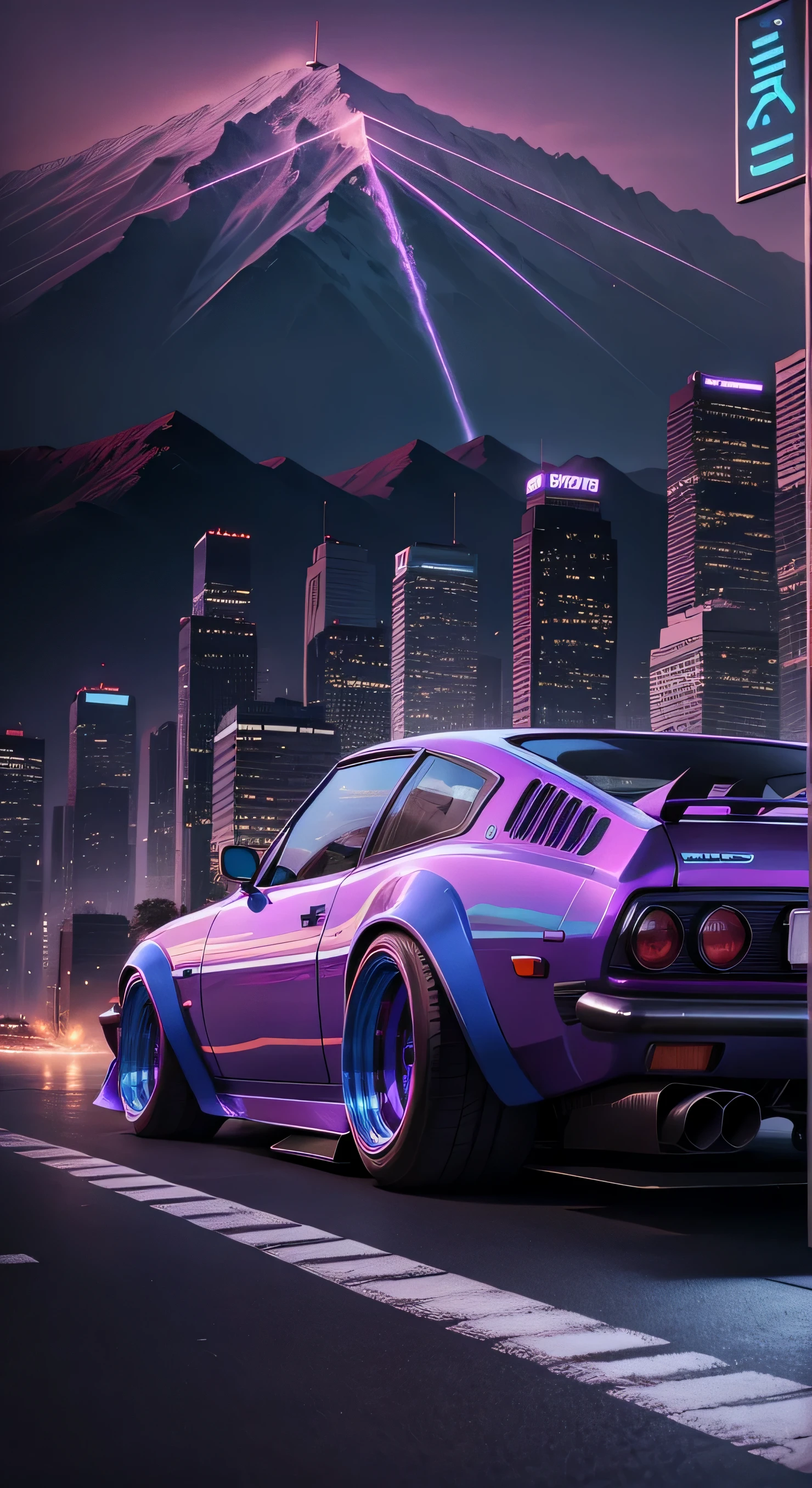 retrowave. City, 1969 Nissan S30, wide body kit, Road, PURPLE NEON MONITOR LIGHT, Sun, Mountain, (Masterpiece, Detailed, A high resolution),