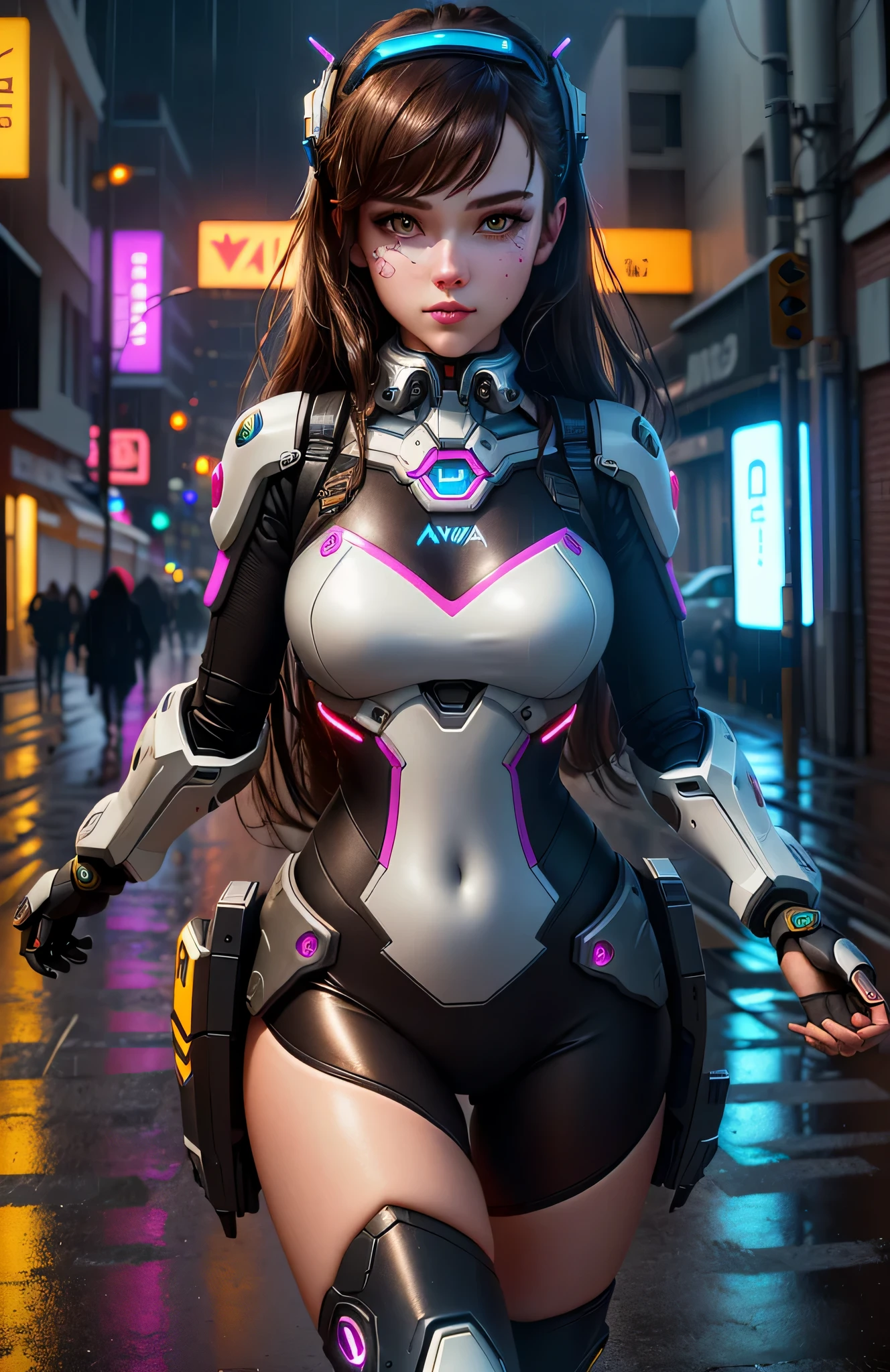 1girl, D.va , overwatch, reflective, glistening skin, studio, super detailed, HD, visible pores, perfect hair, very detailed hair, perfect, very beautiful, a hyper realistic, masterpiece, highly detailed, cinematic lighting, ray tracing, cinematic composition. award winning photo, high contrast, light sparkles, clear face, beautiful dark brown eyes, eyes match, perfect eyelashes, by steven belledin, alina ivanchenko, night raining, wet street, messy floor, robots, cyberpunk technology