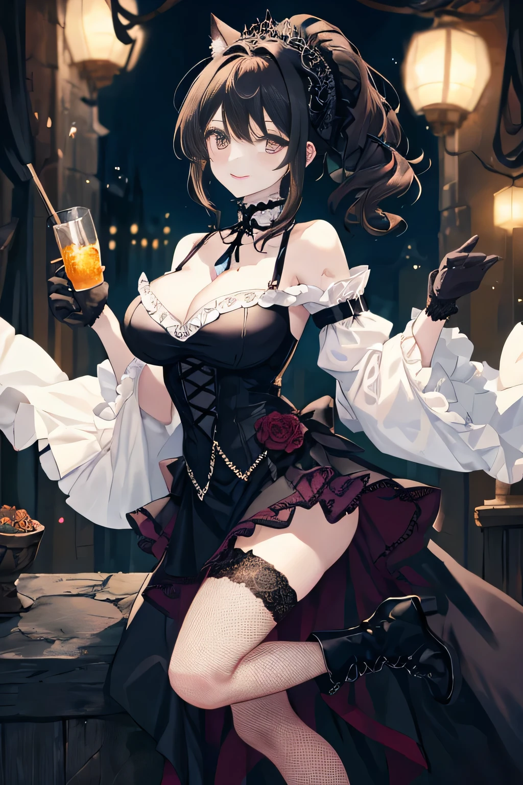 (8K、RAW photo、highest quality、masterpiece:1.2)、detailed background、beautiful and detailed face、beautiful and smooth skin、skin texture、professional lighting、Beautiful girl、sexual expression、Cute Ponytail、(big breasts:1.3)、Cat、Catみみ、Cat ear、smile、Mainly dresses and skirts decorated with frills and lace。black or purple、Choose a dark color such as red、Emphasizes the gothic atmosphere。
For dresses and skirts、Lace and frills are often used。sleeve or skirt hem、By adding lace to the neckline etc..、You can combine cuteness and gothic elements.。
Classic accessories are key。for example、lace gloves and ribbon、crown-shaped headdress、If you incorporate cross accessories etc..、You can further enhance the gothic atmosphere.。
To create a contrast with a skirt or dress、It is best to choose black lace socks or fishnet stockings..。
boots、Items decorated with lace, ribbons, etc.、If you choose a thick sole、Can give a more gothic impression。
