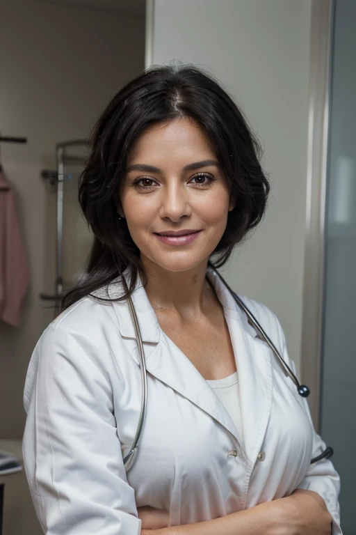 (Best quality, 4k, 8k, high resolution, masterpiece: 1.2), ultra detailed, (Photorealistic: 1.37), close-up portrait of a 50-year-old female doctor, beautiful black hair, looking at the camera head-on, colors bright, soft lighting, standing in the doctors room with a white coat, smiling and a stethoscope around her neck