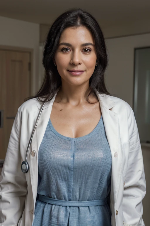 (Best quality, 4k, 8k, high resolution, masterpiece: 1.2), ultra detailed, (Photorealistic: 1.37), close-up portrait of a 50-year-old female doctor, beautiful black hair, looking at the camera head-on, colors bright, soft lighting, standing in the doctors room with a white coat, smiling and a stethoscope around her neck