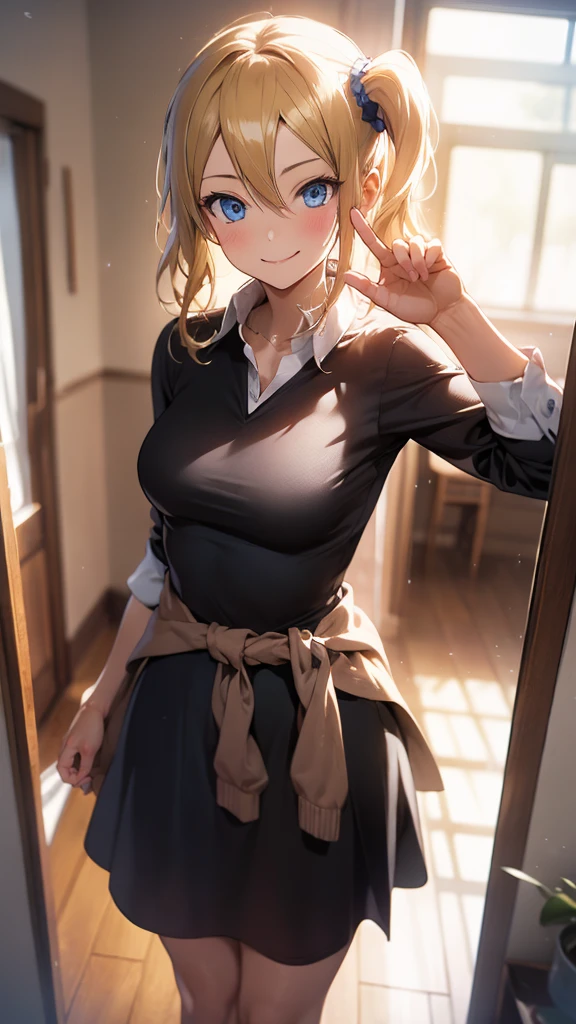 High resolution 8K, aihayasakav4, peace fingers, Anime style, Film Portrait Photography, smile, 1girl, solo, hayasaka ai, blue eyes, blonde hair, black school uniform, white shirt, cardigan around waist, blue scrunchie, standing, indoors, hallway, smile, (Natural skin texture Vibrant details, hyper realistic