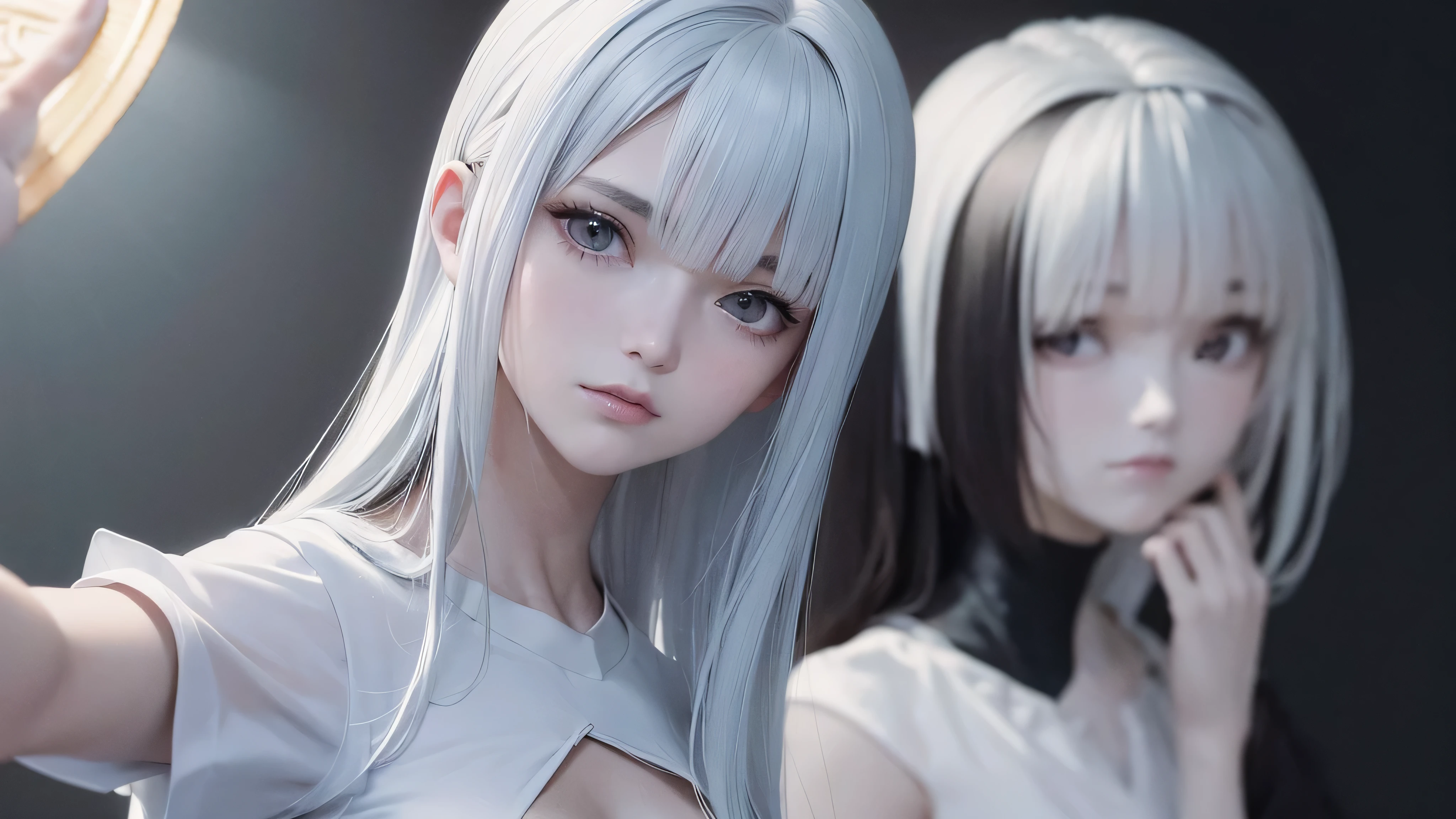 top-quality、8K masterpiece、超A high resolution、RAW photo、1 rapariga、silvery white hair、glowy skin、Super beauty、nakeness、porate、globalillumination、black shadows、octan render、8K、ultrasharp、beauty breast、warm color、Realistic light、Beautiful eyes、Radiant eyes、Facing the camera、neon light detail、barechested
