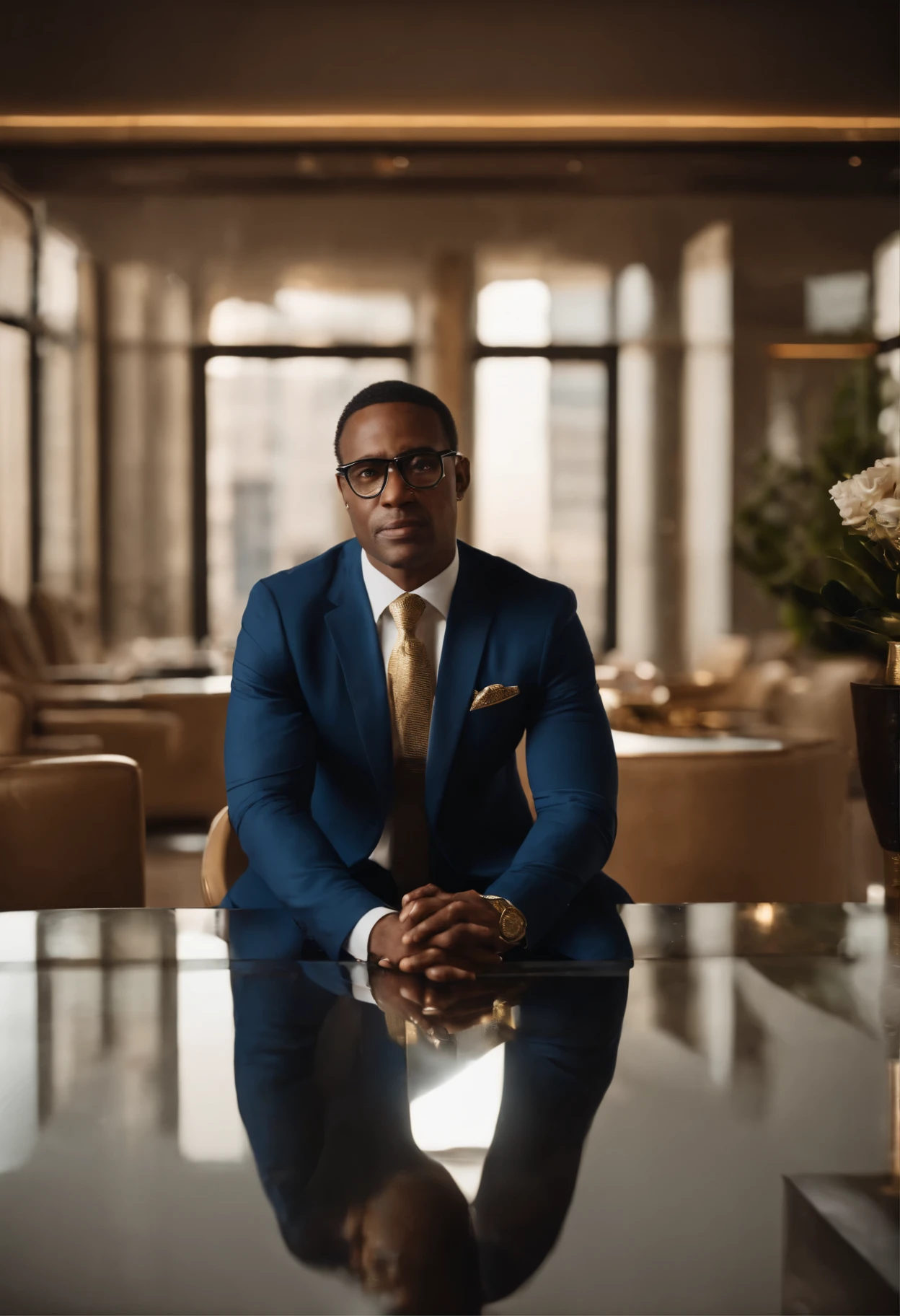 Afro-American business man mid 45-50 with glasses on with gold designer frames, wearing a white designer shirt with a gold tie, also wearing a navy blue solid color style suit designer professional type, detailed man face and glasses, hair , hands, watch , sitting on a chair behind a glass table, background indoor news set like CNN