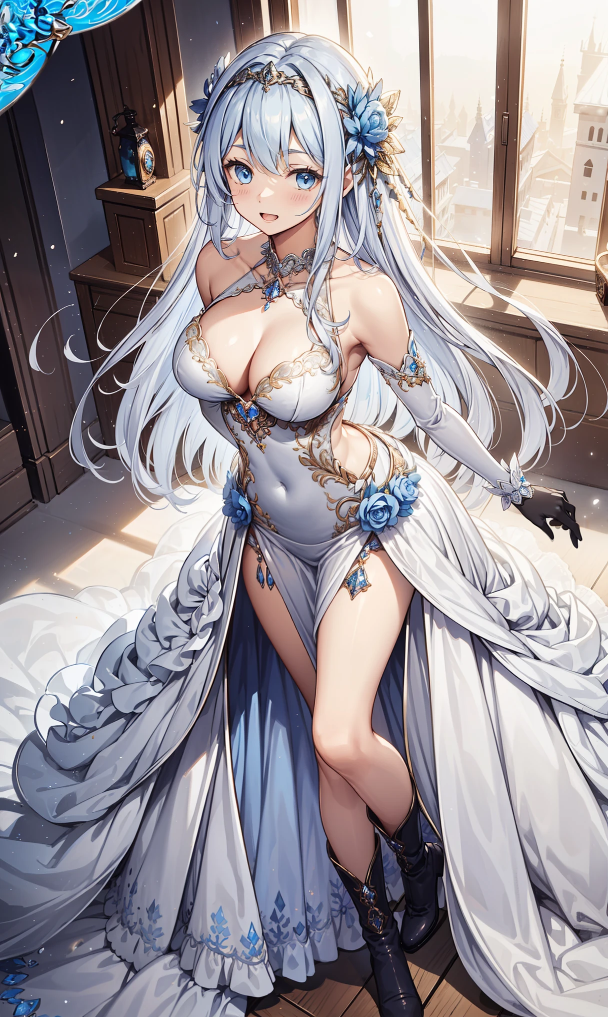 (masterpiece, reflections, atmospheric lighting, dynamic lighting), best quality, 1girl, perfect figure, perfect body, perfect face, dark-silver hair, long luscious curly hair, blue eyes, glowing sky blue eyes, delicate fingers, blushing, shy, embarrassed, lewd, open mouth, void black crown, jewel crown, black dress, strapless dress, slit leg dress, wedding dress, evening dress, lingerie dress, black high heels