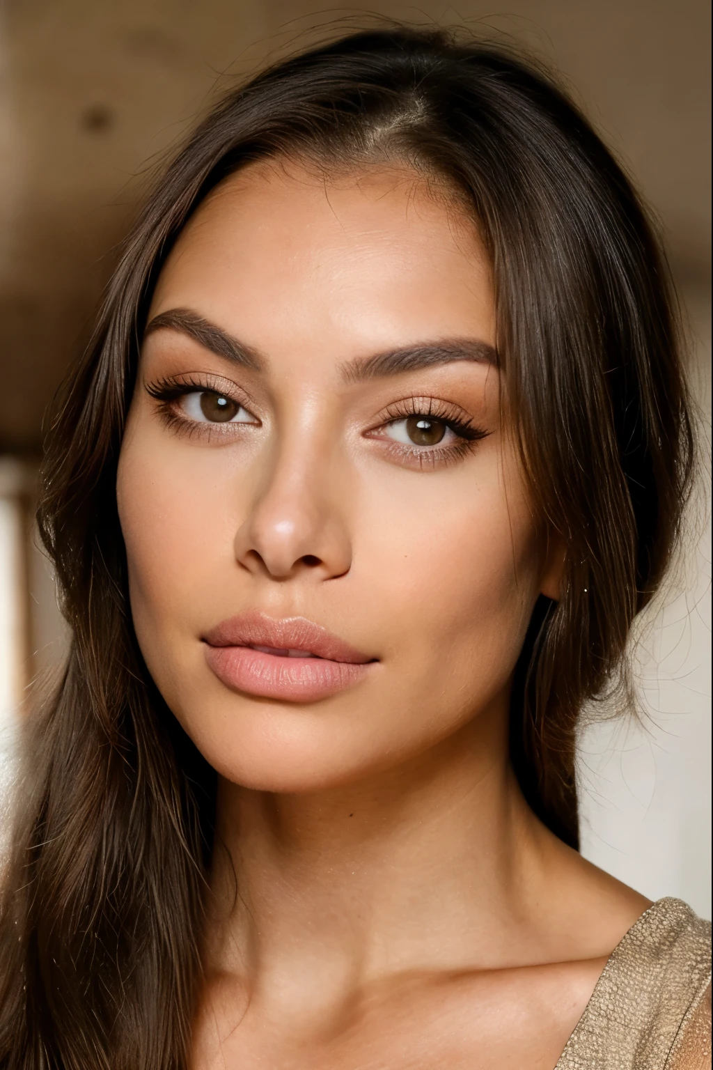 beautiful brunette woman, (24 years old, sedutive look),A coffee mug on the table ((Selfie on the upper body, a happy)), she has big pouty lips with lip filler ++,defined cheekbones with cheek filler and is wearing some blush. she has smouldering sexy eyes and is wearing smokey eye makeup. she seems to have a mixed filipino and european look. she has blonde hilights in her hair. Her nose is very thin and small. She has a toned physique and has breast implants c size. masterpiece, beste-Qualit, Ultra-detailed, (Look at the viewer: 1.2) (skin texture) (film grains: 1.3), (warm hue, warm tone: 1.2), a closeup of a, cinematiclight, sidelighting, extra high resolution, better shadow, Raw, upper-body, crop top