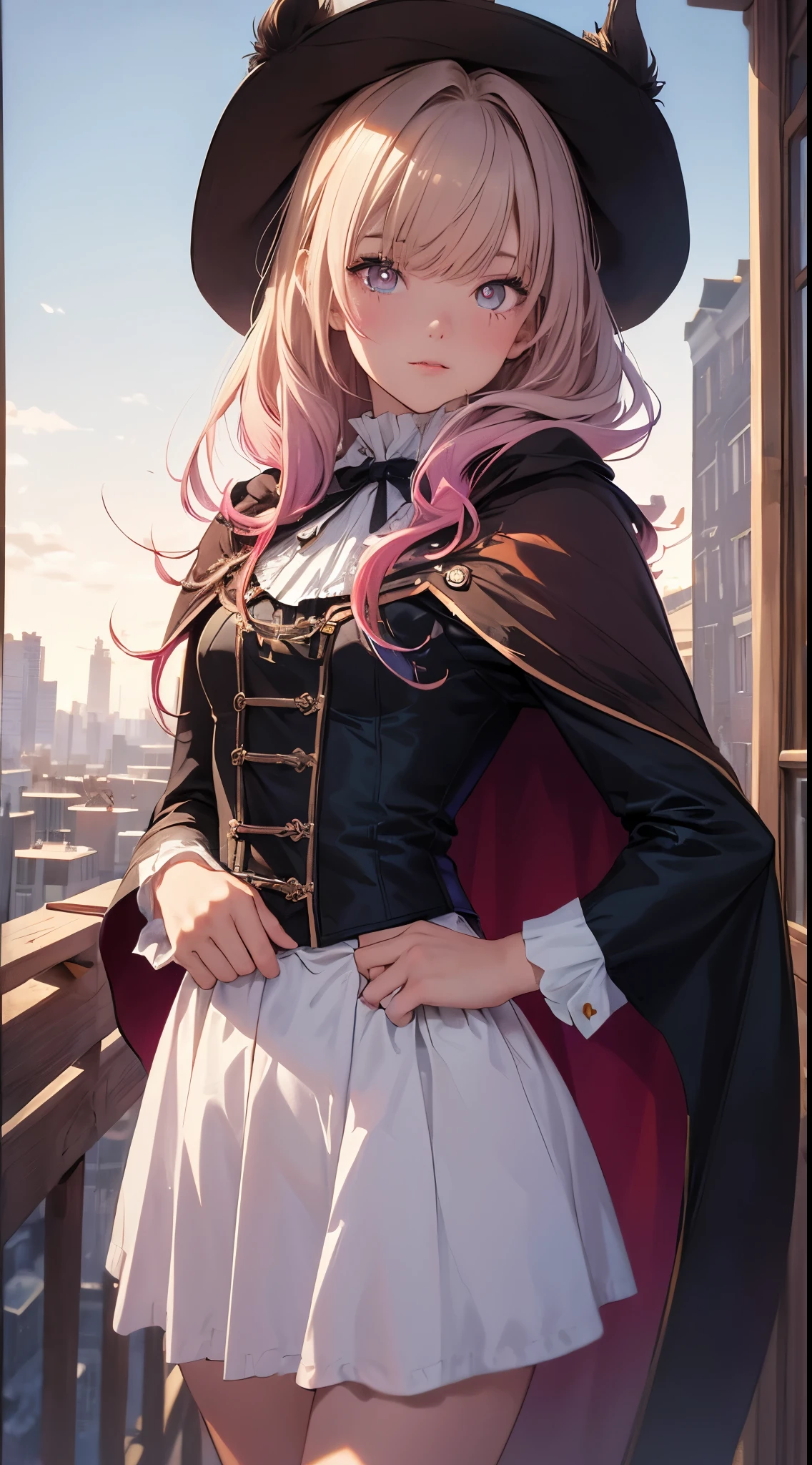this, (gradient hair, Dutch Cape:1.3), film grain, Color difference, City, masterpiece, best quality, original photo, lifelike, ridiculous, 1 girl, Lovely, view, cowboy shooting, high resolution, Super detailed, Detailed eyes and face, sharp pupils, realistic student, sharp focus, summer, night,