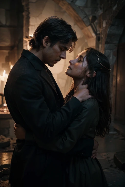 a young woman with a face full of love. hugging a man with long hair whose back was visible. gothic. dark. candle. rose. myst.