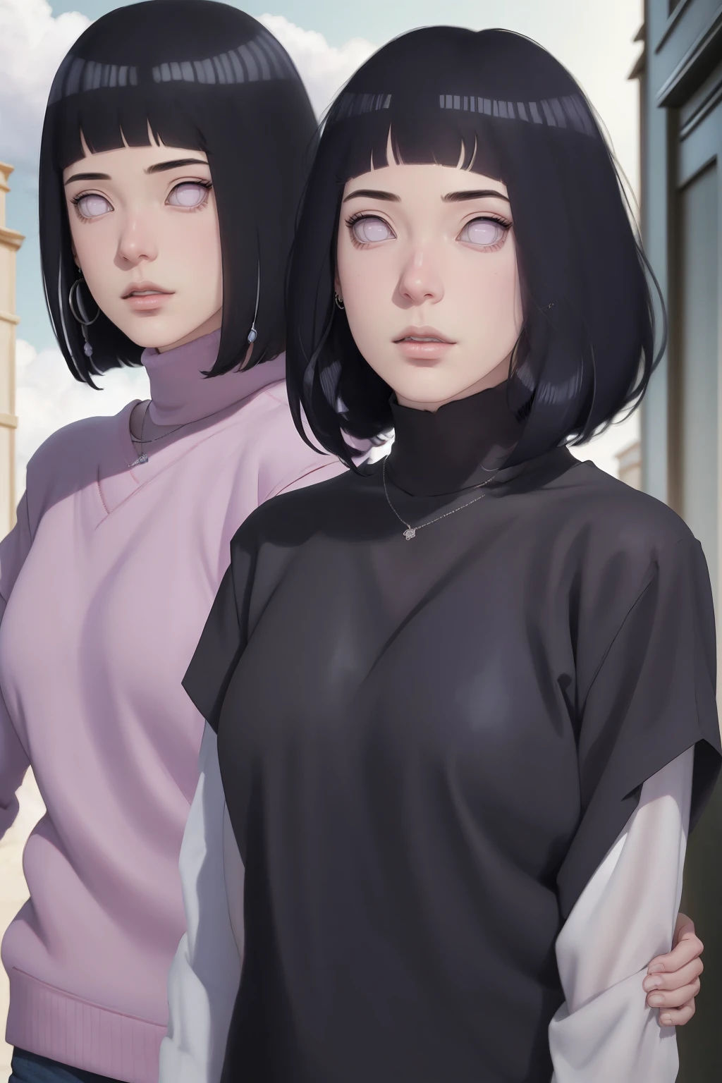 { - anatomy error} (Masterpiece - Ultra-detailed, very high resolution) , absurdos, Hinata\(Boruto\), 1girl, sozinho,Mature female, Capuz roxo,mangas em camadas, jeans, ao ar livre, Cloudy sky, perfect composition, circunstanciado lips, peito grande, beautiful face, body propotion, corar, (pink lips), cabelos pretos curto (black hair), lilac eyes, olhar suave, super realistic, circunstanciado, rosto e corpo realistas, Realistic hair, olhos realistas, nariz realista, realistic lips, with large hoop earrings, anime.