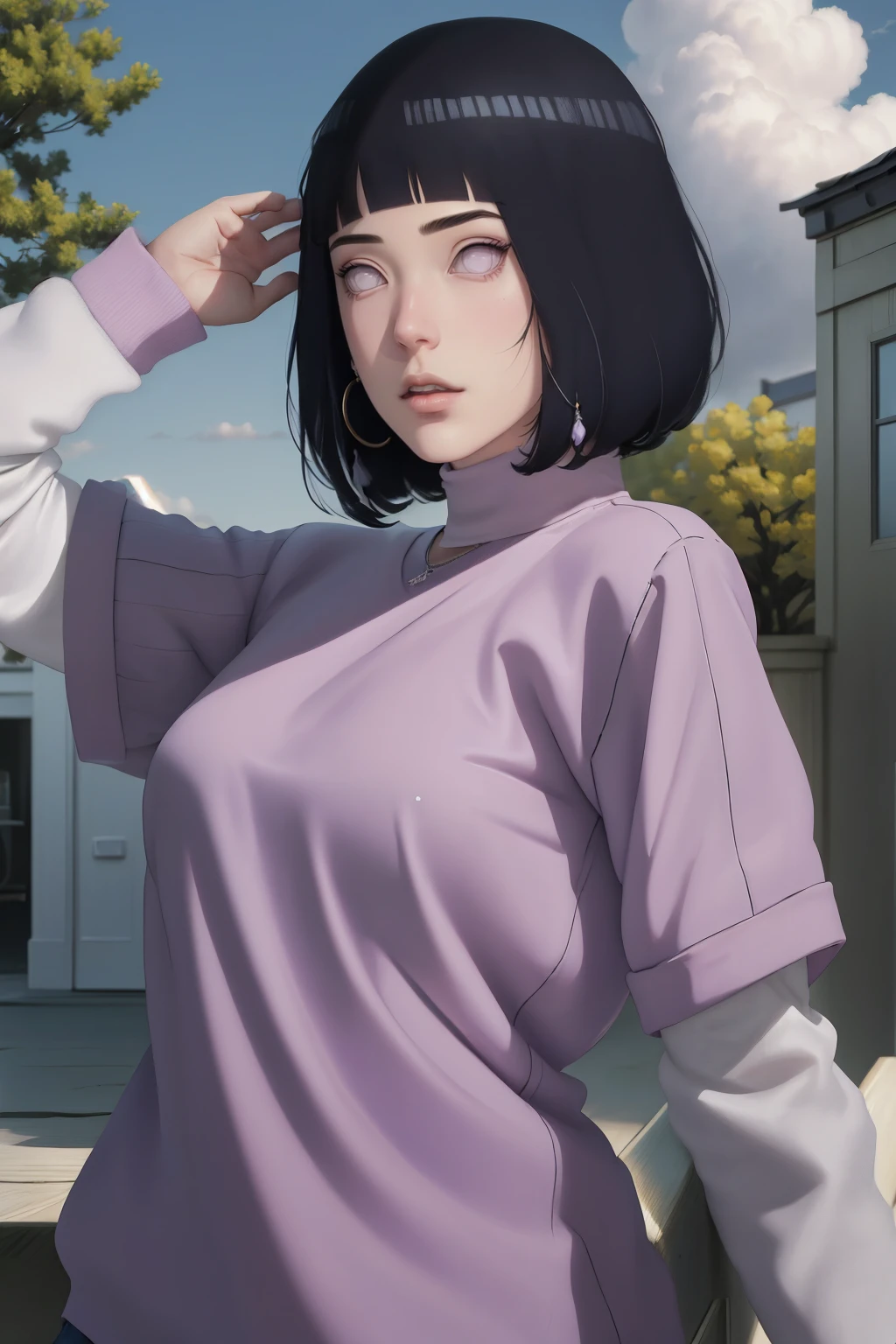 { - anatomy error} (Masterpiece - Ultra-detailed, very high resolution) , absurdos, Hinata\(Boruto\), 1girl, sozinho,Mature female, Capuz roxo,mangas em camadas, jeans, ao ar livre, Cloudy sky, perfect composition, circunstanciado lips, peito grande, beautiful face, body propotion, corar, (pink lips), cabelos pretos curto (black hair), lilac eyes, olhar suave, super realistic, circunstanciado, rosto e corpo realistas, Realistic hair, olhos realistas, nariz realista, realistic lips, with large hoop earrings, anime.