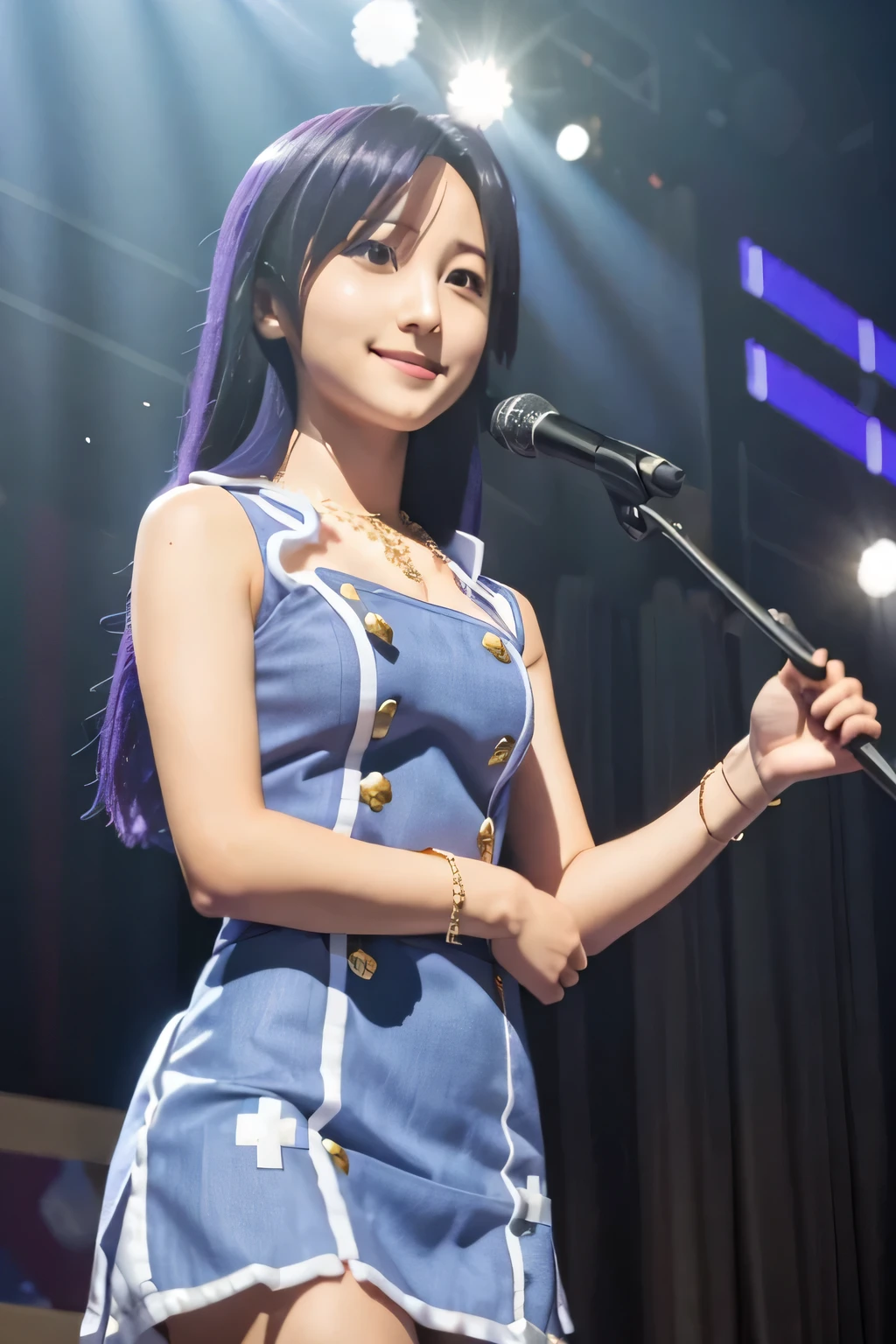 (((pixel perfect, Perfection with attention to detail))), alone, 1 girl, Chihaya Kisaragi, stage, Idol, bare shoulders, necklace, looking at the viewer, :d, smile,break (flat chest)