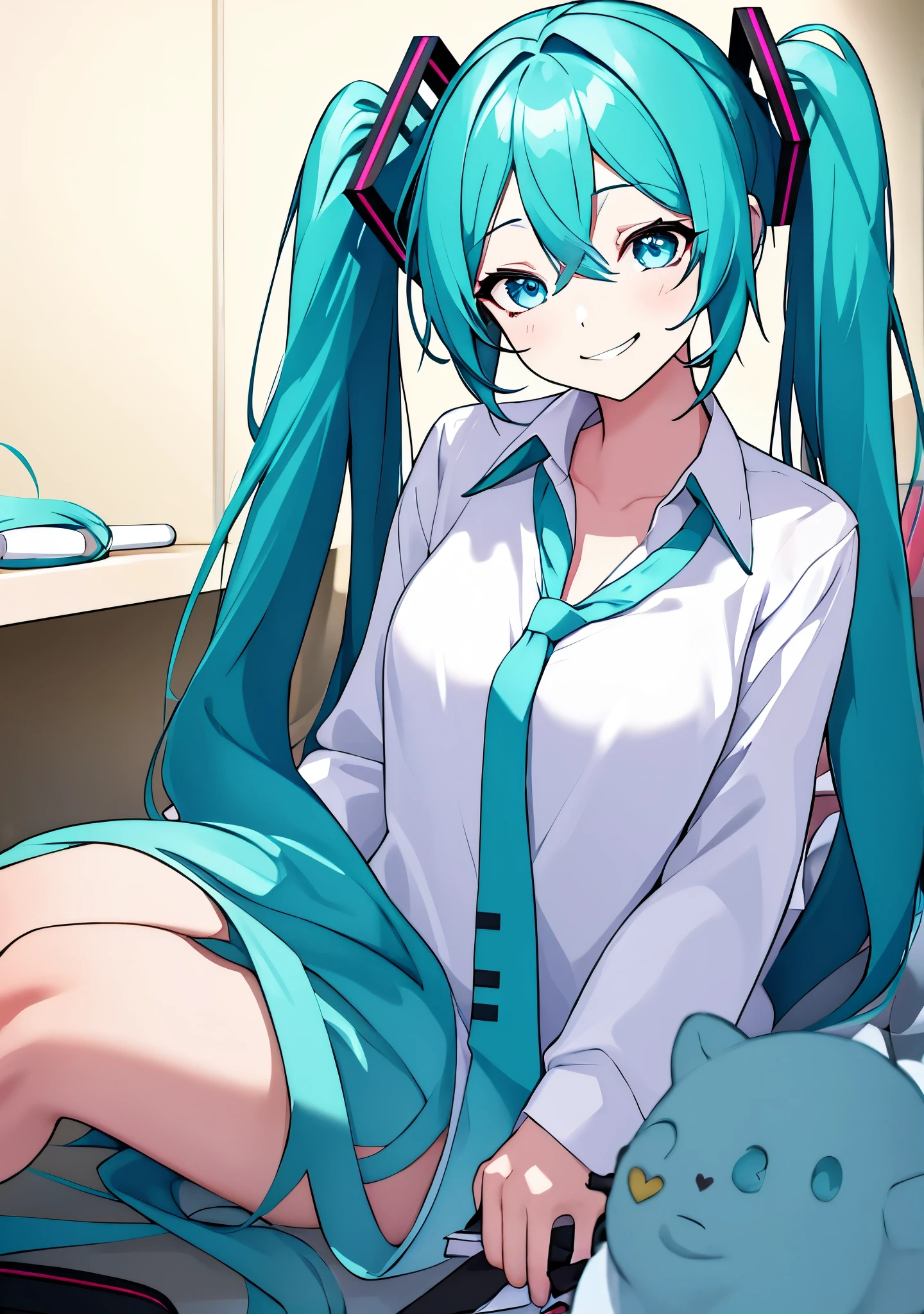 hatsune_miku, 1girl, solo, long hair, looking at viewer, smile, closed mouth, bangs, blue eyes, shirt, hair ornament, long sleeves, hair between eyes, twintails, blue hair, collarbone, white shirt, upper body, heart, one eye closed, teeth, collared shirt, indoors, bag, nail polish, blurry, aqua eyes, dress shirt, aqua hair, blurry background