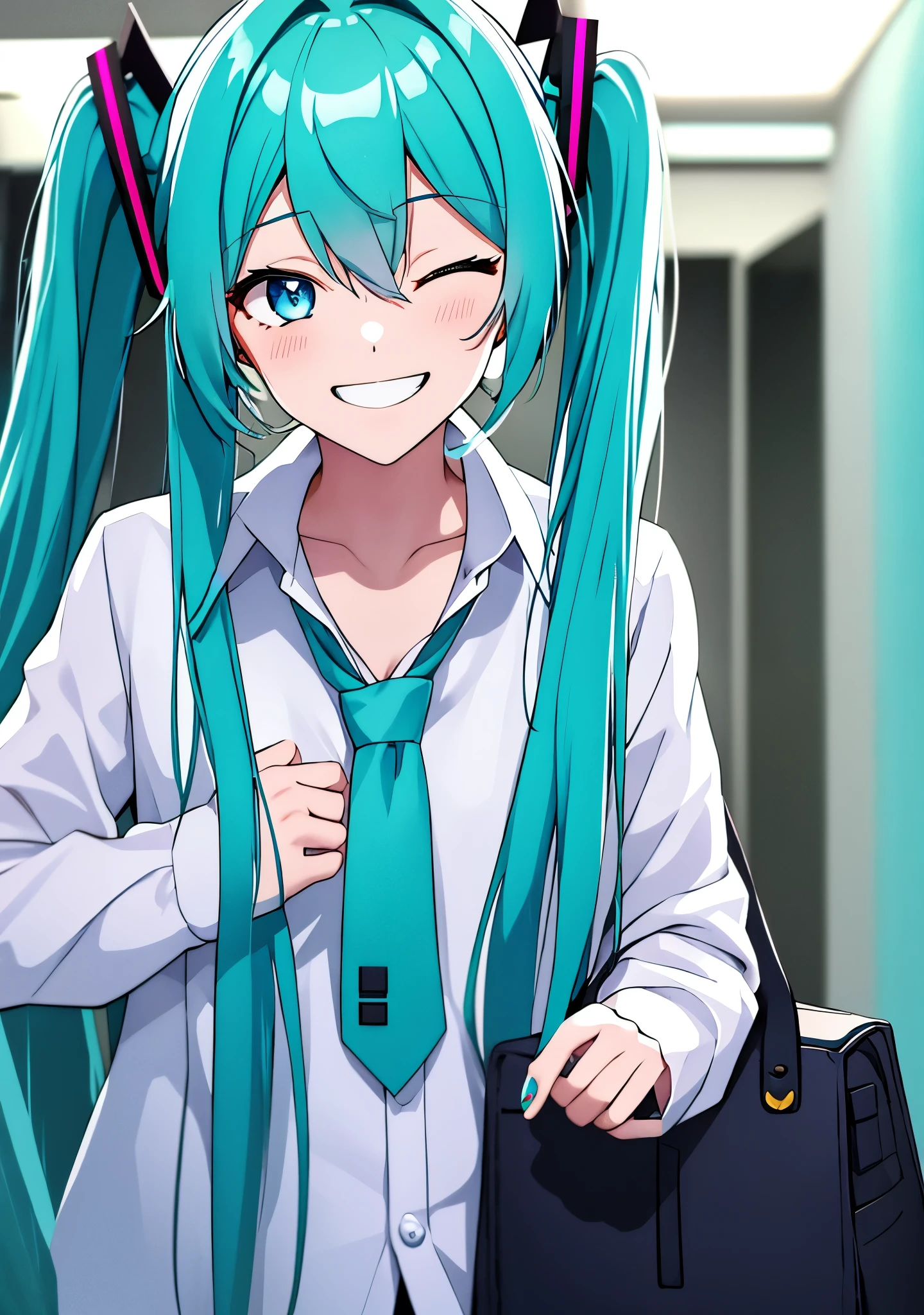 hatsune_miku, 1girl, solo, long hair, looking at viewer, smile, closed mouth, bangs, blue eyes, shirt, hair ornament, long sleeves, hair between eyes, twintails, blue hair, collarbone, white shirt, upper body, heart, one eye closed, teeth, collared shirt, indoors, bag, nail polish, blurry, aqua eyes, dress shirt, aqua hair, blurry background