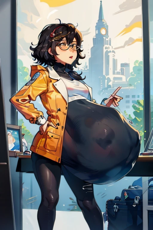 Female scientist, black hair, semi-curly hair, medium hair, glasses, orange eyes, short, medium sized , exposed belly, embarrassed, blushing, redish orange coat, in lab, vore, big belly, round belly, black leggings, burping, burp, gassy,