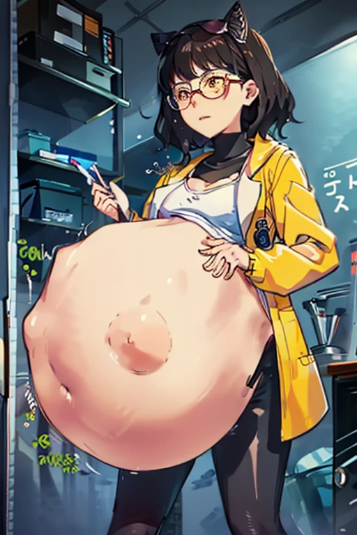 Female scientist, black hair, semi-curly hair, medium hair, glasses, orange eyes, short, medium sized breast, exposed belly, embarrassed, blushing, redish orange coat, in lab, vore, big belly, round belly, black leggings, burping, burp, gassy,