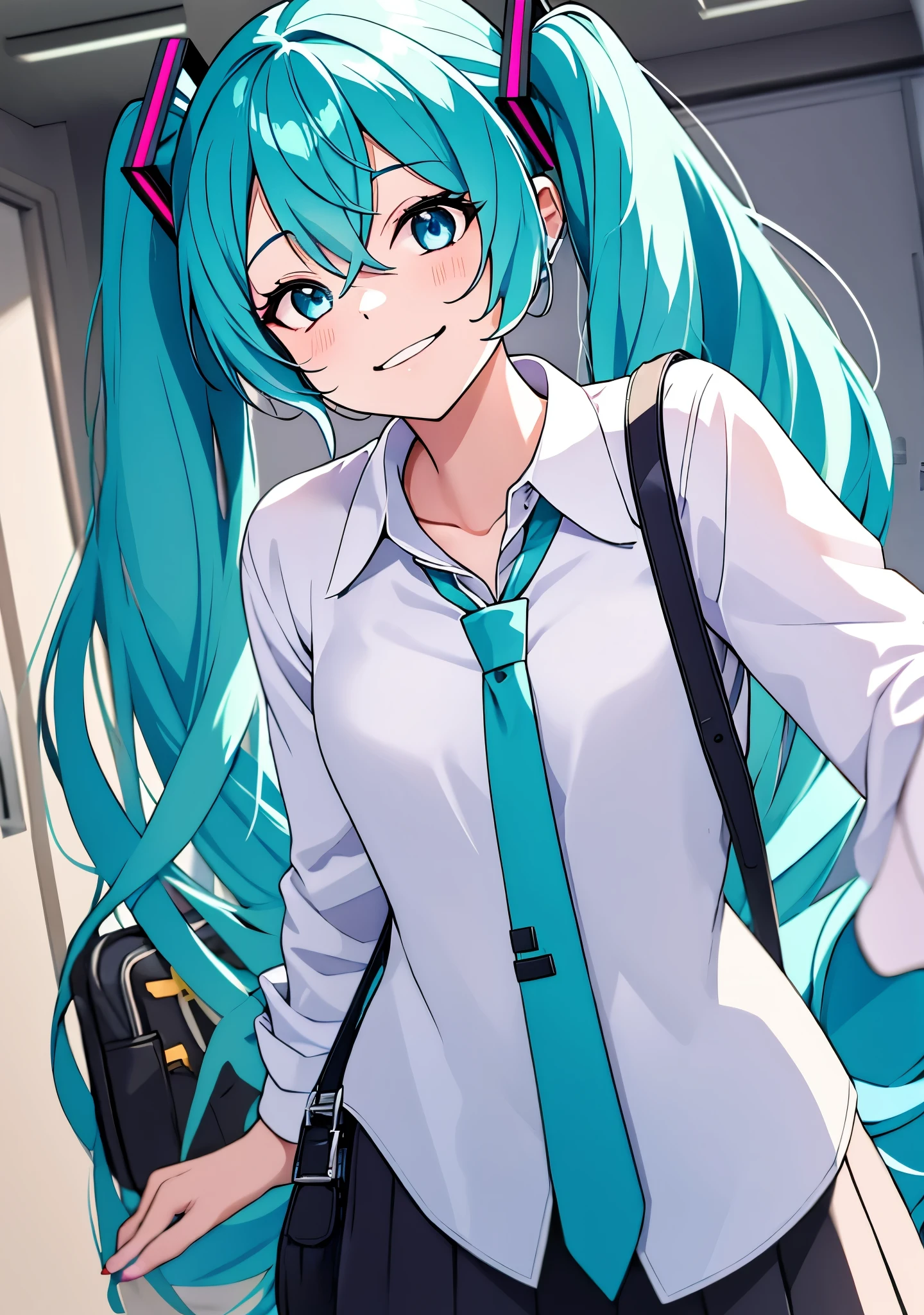 hatsune_miku, 1girl, solo, long hair, looking at viewer, smile, closed mouth, bangs, blue eyes, shirt, hair ornament, long sleeves, hair between eyes, twintails, blue hair, collarbone, white shirt, upper body, heart, one eye closed, teeth, collared shirt, indoors, bag, nail polish, blurry, aqua eyes, dress shirt, aqua hair, blurry background