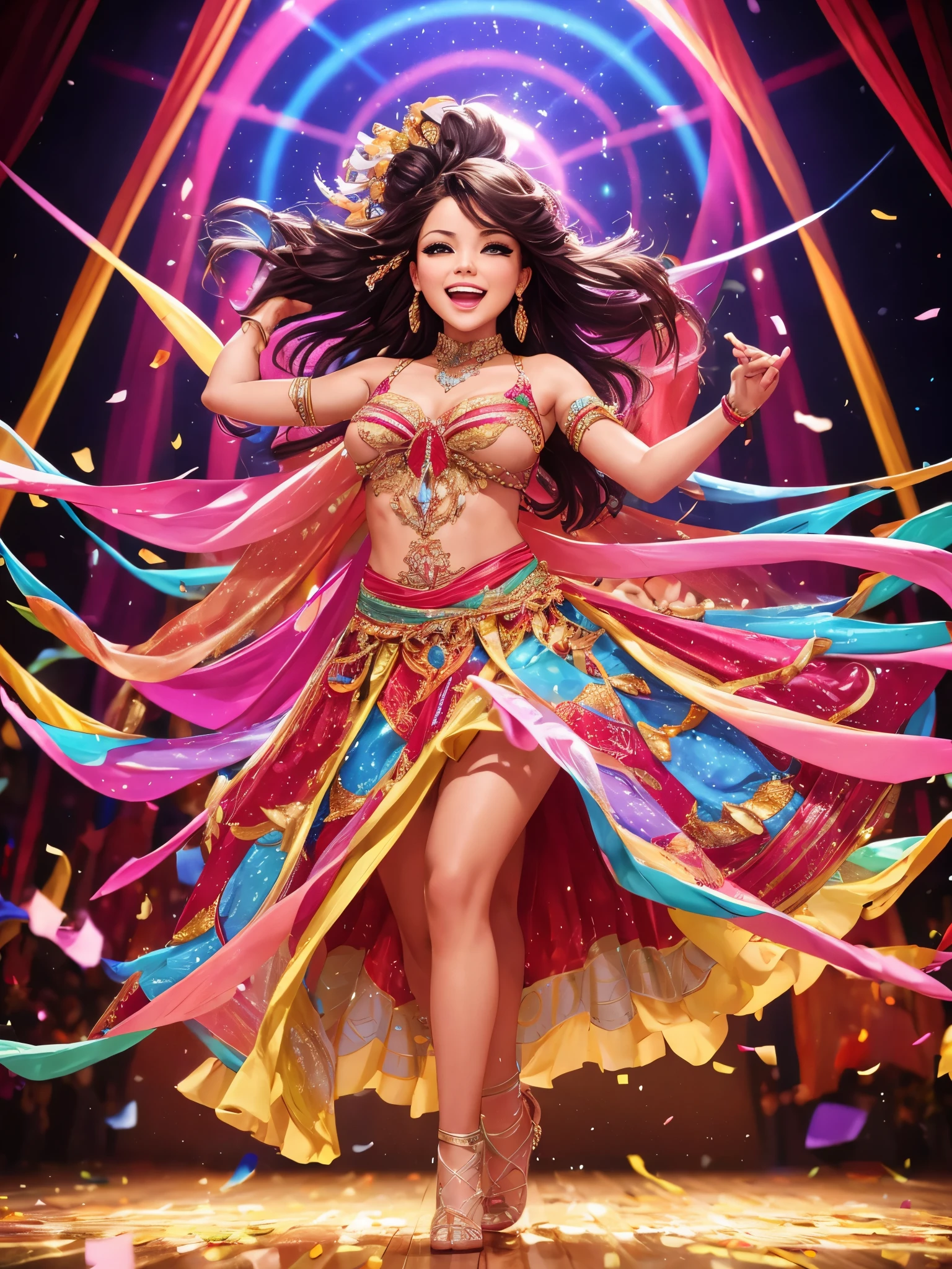 (best quality,4k,8k,highres,masterpiece:1.2),
beautiful girl dancing,colorful confetti,
vibrant colors,flying confetti,
dynamic motion,dancing pose,
long flowing hair,
bright spotlight,shining stage lights,
exhilarating atmosphere,
expressive eyes and smile,
glowing face,
captivating movement,
elaborate costume,
radiant energy,
lively and joyful ambiance,
artistic composition,
evocative emotions,
celebratory mood,
magnificent party scene,
amazing visual spectacle,
vivid and detailed,
impressive celebration,
high-definition clarity,
creative choreography,
stunning performance,
exuberant happiness,
mesmerizing grace,
enthralling elegance,
dazzling visuals,
ethereal beauty,
exceptional talent,
shimmering confetti,
fluid movements,
captivating stage presence,
effortless gracefulness,
festive joy,
enchanting allure,
dynamic lights and colors,
brilliantly choreographed dance,
luxurious atmosphere,
captivating storytelling through dance.