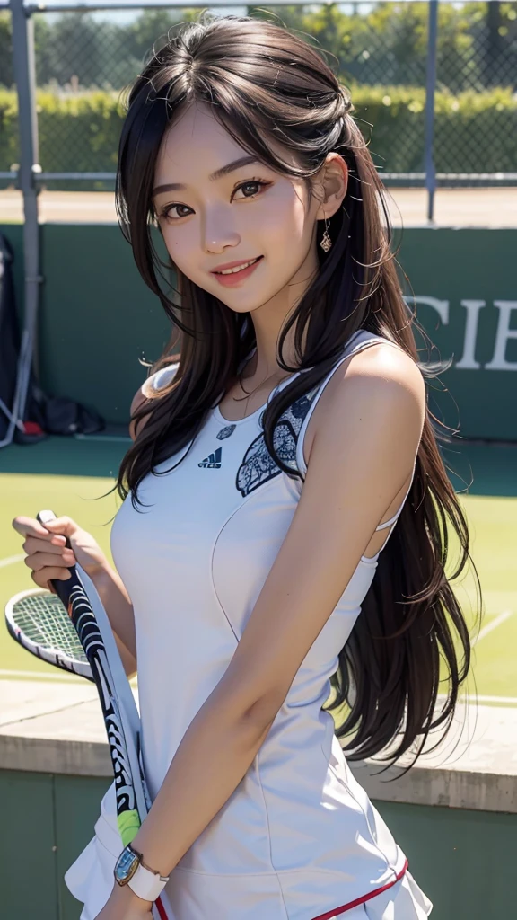 (realistically, masterpiece, 8K HD, Good lighting quality, Tennis outfits, fit snugly on face, intricate details), one，chinese woman, 25 years younger, happy, The smile is bright, Detailed faces, perfect style、combed black hair，Tennis outfits，playing tennis，afternoon，tennis court、The smile is bright, Detailed faces, delicate eyes,
