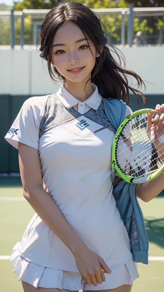 (8K, RAW Photos, Highest quality, masterpiece:1.2), (professional photography, full colors, studio-caliber color grading), (Gravure quality for high-end fashion magazines), close up, BREAK,18 year old girl,(straight hair:1.1), bangs, crying a little, Harajuku style, Big Natural Color Lip, (Plumpy body (smooth skin.1 (huge breasts.2), (expresses the roundness and softness of the chest area..1), BREAK (white tennis uniform, short sleeve, shirt, skirt, socks, tennis shoes), standing, sexy pose
