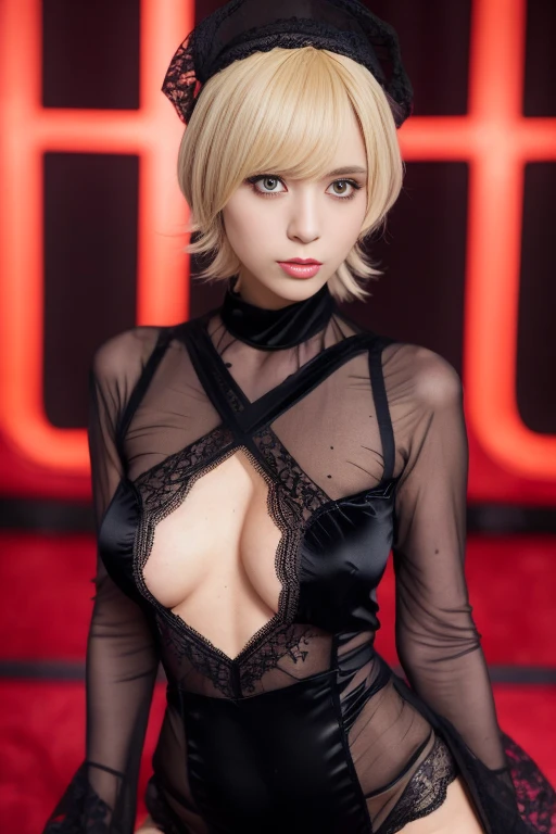 1 girl,(Wearing a black lace queen cosplay:1.4),(RAW photo, highest quality), (realistic, photo-realistic:1.4), masterpiece, very delicate and beautiful, very detailed, 2k wallpaper, wonderful, finely, very detailed CG unity 8k wallpaper, Super detailed, High resolution, soft light, beautiful detailed girl, very detailed eyes and face, beautifully detailed nose, beautiful and detailed eyes,cinematic lighting,illuminated by neon lights at ht,perfect anatomy,slender body,(straight face),blonde hair,(short hair)