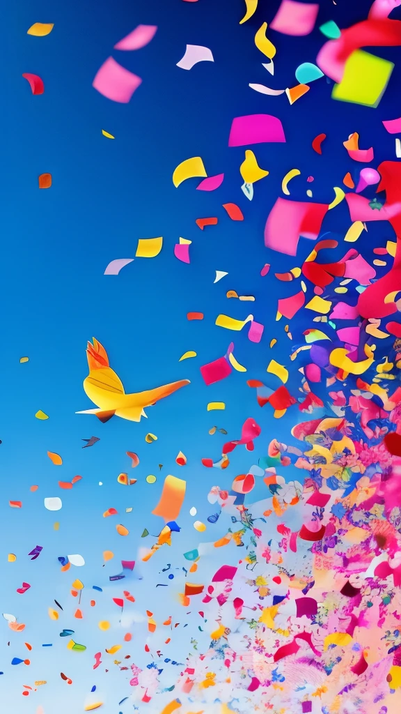 Colourful very much confetti forming a bird shape as a whole.