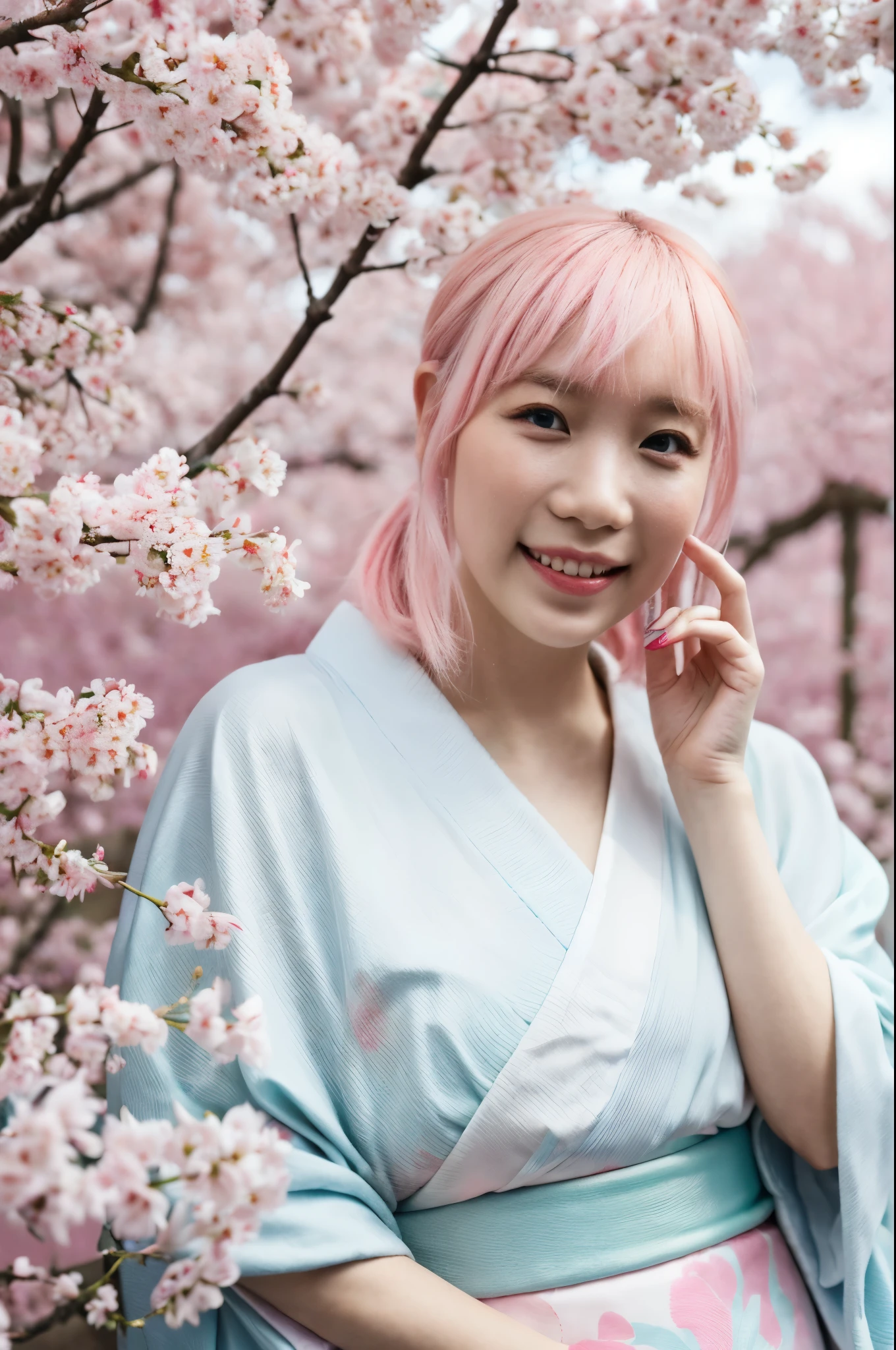 (Masterpiece, best quality:1.2), throw, Focus only, upper body, 1 girl, Grabbing someone else's cheek., smile, pink hair, blue eyes, Japanese clothes, kimono, cherry tree