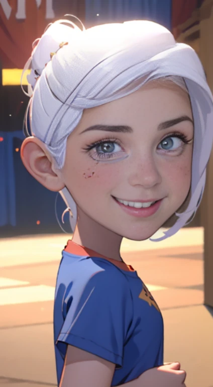 (Obra maestra, La mejor calidad, fotorrealista, Altas Resoluciones, Cinematographer, :1.3), sharp focus, 1 chica hermosa , Chica Americana  , 14 year old , Modelo adolesente , diafragma, Ojos color azul y pupilas altamente detallados, Piel realista, Forma delgada del cuerpo, escote, cabello extremadamente detallado, They are smiling, , fondo variado , ((realista, super-realistic, realismo, Detalles realistas)) TLH , lindo maquillaje ,labios rojos , cuerpo completo , cuerpo  , posando en escenario de magia , hermosa sonrisa  , lindo cabello plateado , white hair with bow decoration , viste camiseta naranja sin mangas , falda azul a cuadros