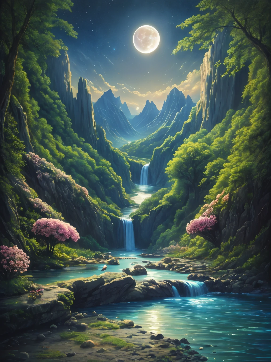 (((masterpiece))), best quality, high quality, extremely detailed CG unity 8k wallpaper, scenery, outdoors, sky, cloud, no people, mountain, landscape, water, tree, blue sky, waterfall, cliff, nature, lake, river, cloudy sky,award winning photography, Bokeh, Depth of Field, HDR, bloom, Chromatic Aberration ,Photorealistic,extremely detailed, trending on artstation, trending on CGsociety, Intricate, High Detail, dramatic, art by midjourney, tall waterfall, painting of a river with rocks and trees in the foreground,  near a river, landscape, jungle, waterfall, crystal clear water, night light,((full moon)), colorful, river with rocks, rock bridge, epic, fantasy, ((roses and flowers on the banks of the pond)), ((oil painting)), moon landscape reflected in river, ((rock bridge))