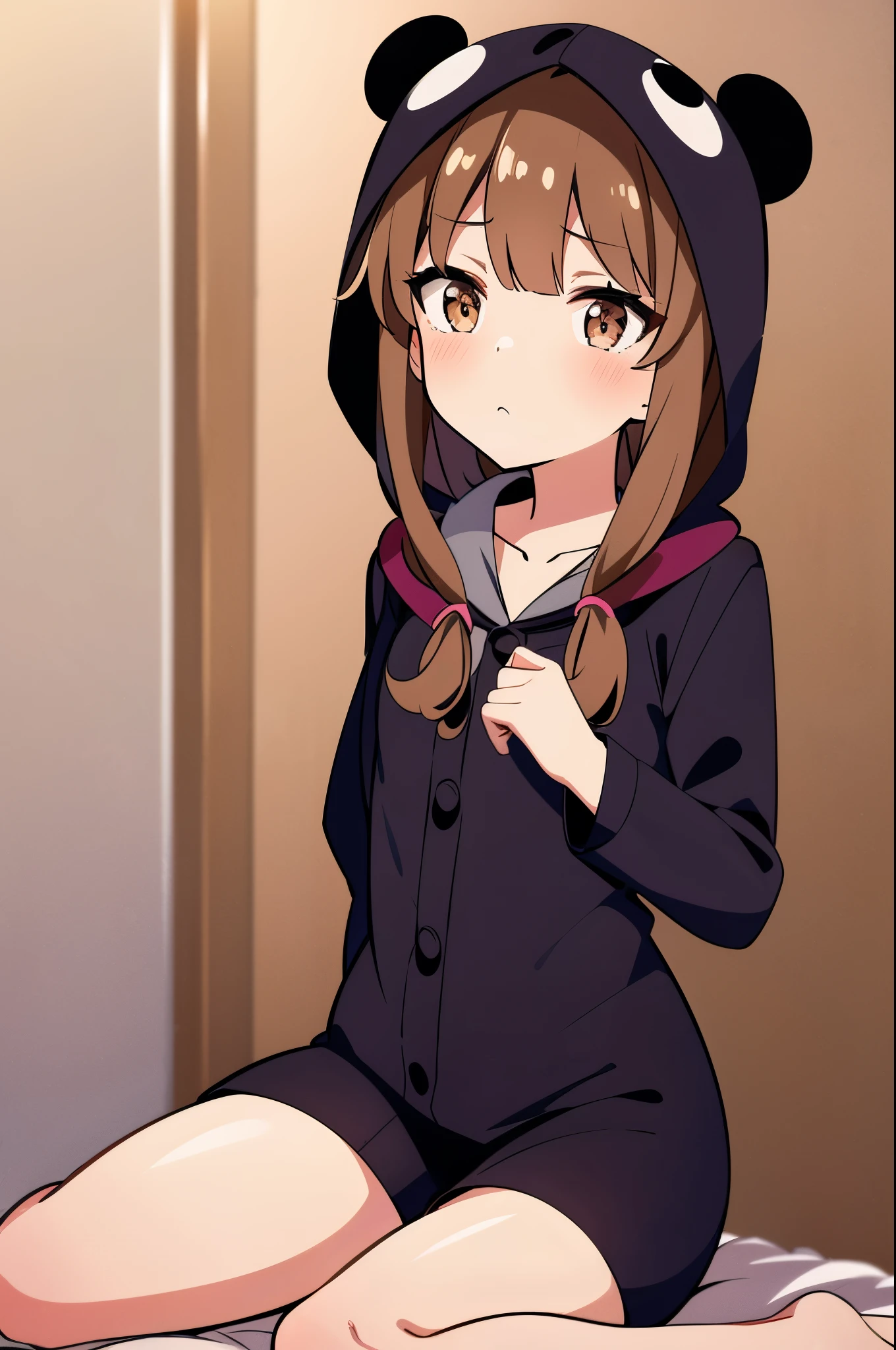 masterpiece, high quality, best quality, high resolution, 4k, high definition, beautiful lighting,highly detailed face, well drawn hands, well drawn legs,well drawn feet,well drawn eyes,1girl,kaede, brown hair, brown eyes,hair bow,panda pajamas,panda hood,white pajamas, white pants,