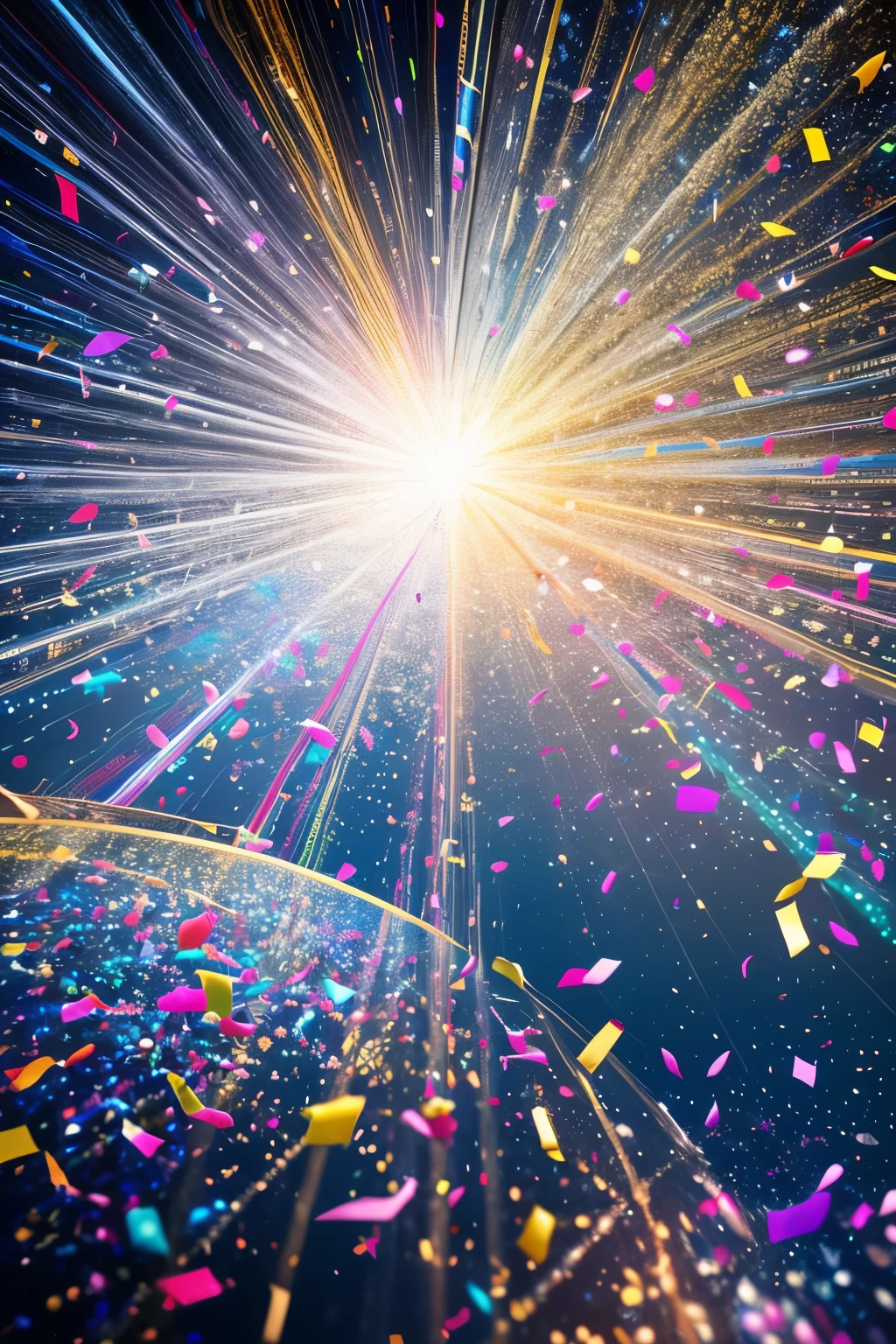 from above, best quality, 32k, RAW photo, incredibly absurdres, extremely detailed, 3D, many colored confetti flying up, silver glittering confetti, golden glittering confetti, colorful, light up, delicate, flashy and dynamic depiction