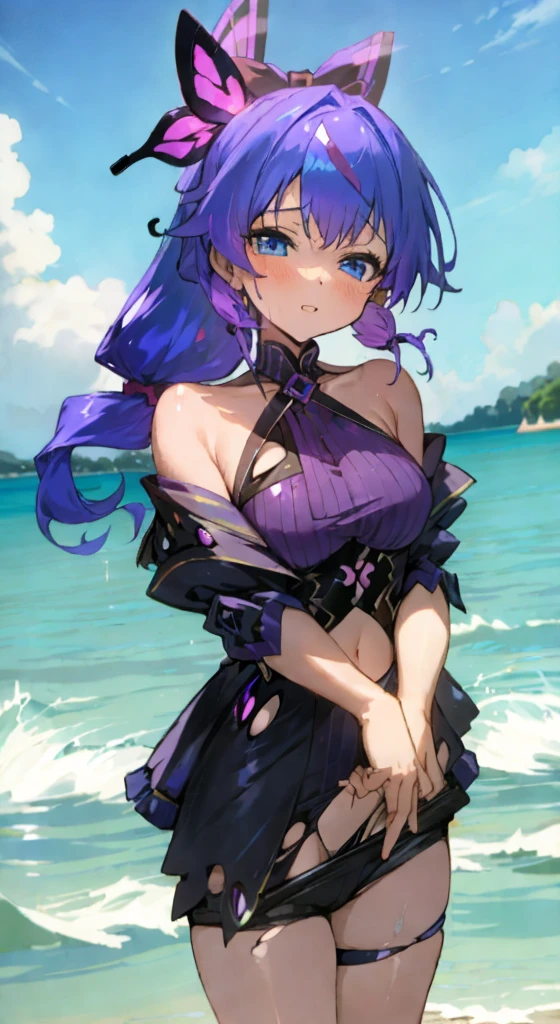 just a peek, anime coloring, 5'4" woman, old and torn sparkly purple brassier, visible midriff, black skinny rocker shorts, long curly multi-color hair, ponytail with bow, ocean blue eyes, microphone and stand, heavy rain, beach, soaking wet clothes, AAcup, , butterfly kiss