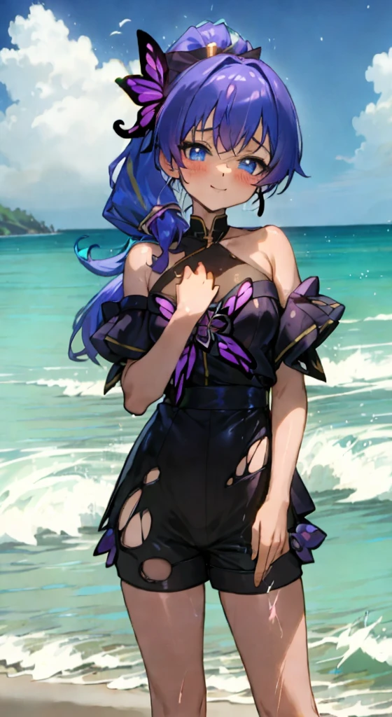 (Best quality, 4k, Masterpiece :1.3), 1girl, (steampunk), 5'4" woman, torn sparkly purple brassier, visible midriff, black skinny rocker shorts, long curly multi-color hair, ponytail with bow, ocean blue eyes, microphone and stand, heavy rain, beach, soaking wet clothes, AAcup, visible pussy, butterfly kiss, panty shot, anatomically correct