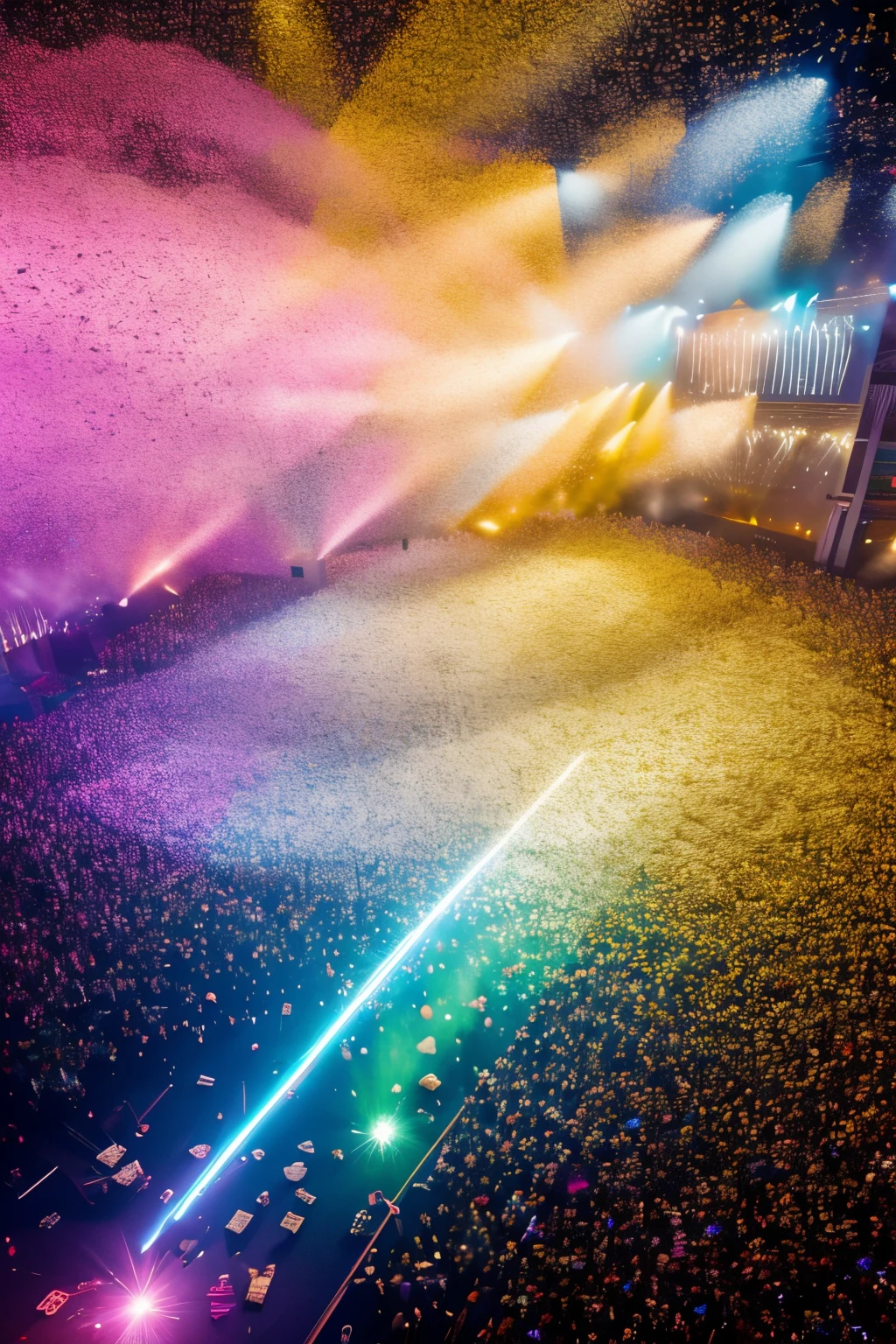 from above, best quality, 32k, RAW photo, incredibly absurdres, extremely detailed, 3D, many colored confetti flying up, silver glittering confetti, golden glittering confetti, colorful, light up, delicate, flashy and dynamic depiction