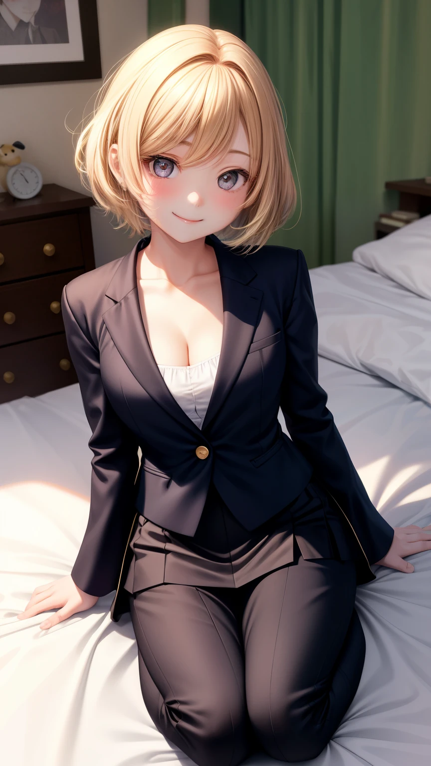 1girl in、Best Quality、、Very cute、A smile、Japanese、women's formal suit、Very cute、glad looking face、short-hair、Golden head hair、beautiful eyes、cleavage、胸の谷間、bed room、3D rendering、mini skirt or pants、自撮り