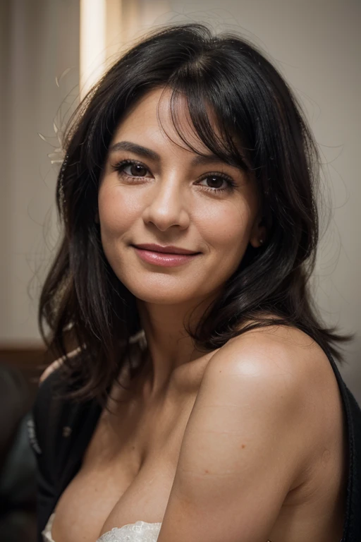 (Best quality, 4k, 8k, high resolution, masterpiece: 1.2), ultra detailed, (Photorealistic: 1.37), portrait of 50 year old woman, beautiful black hair, looking at camera head on, vivid colors, soft lighting, soft skin, full body, modern executive