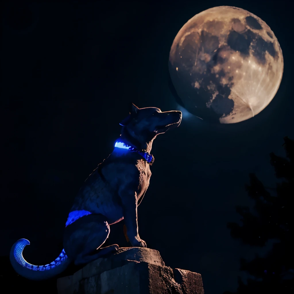 Perro azul, sobre la estatua de la libertad, ladrando a la luna llena, serpiente roja enojda