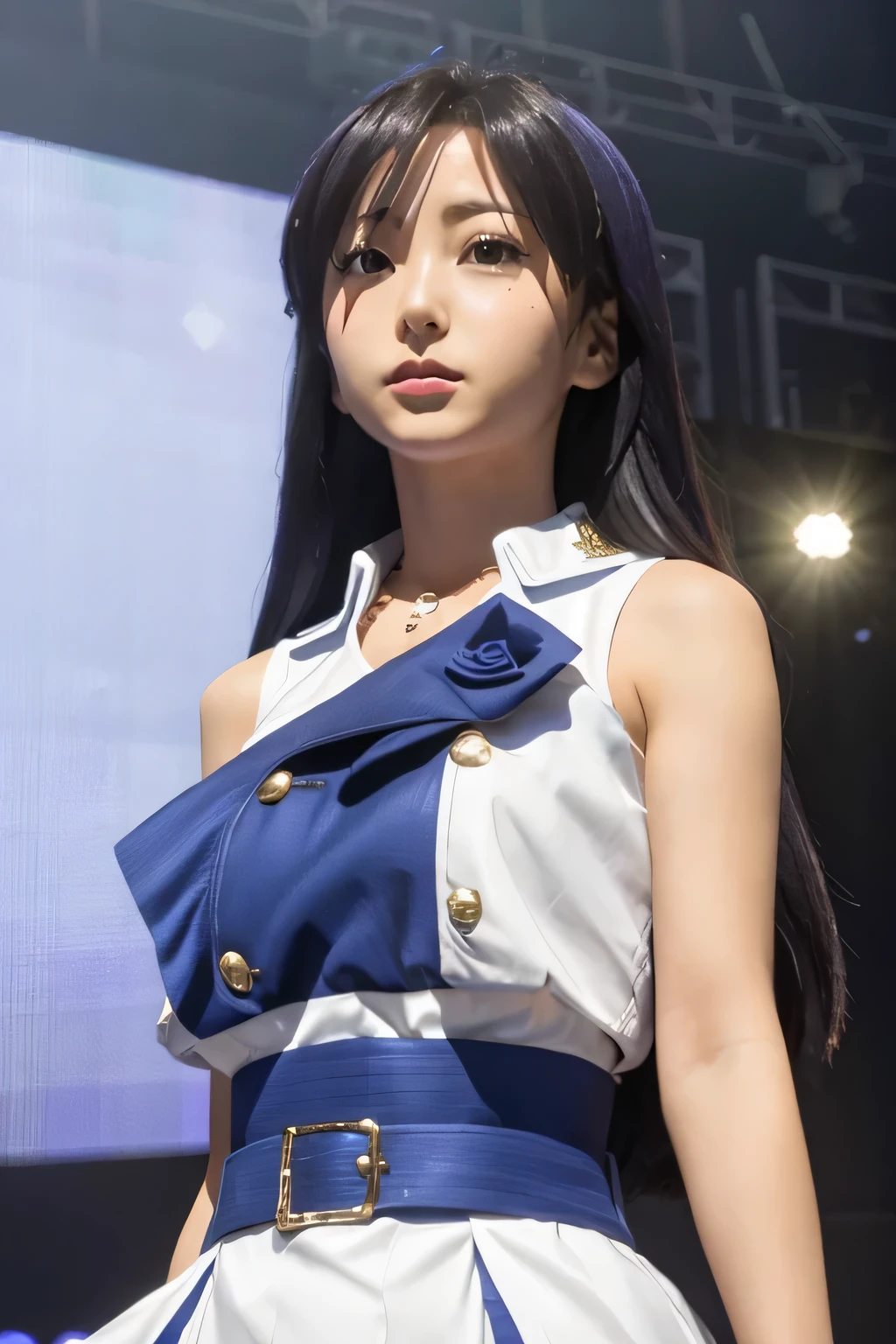 (((pixel perfect, Perfection with attention to detail))), alone, 1 girl, Chihaya Kisaragi, stage, Idol, bare shoulders, necklace, looking at the viewer, :d, anger, break (flat chest)