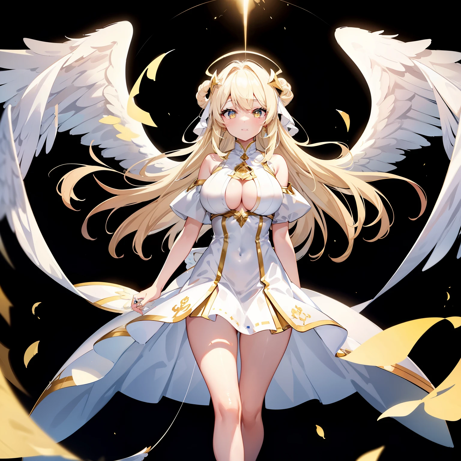 Angel Neutral Girl、(full body shot)、Costume is white、Costume is an angel、(((Overhead Angel Ring)))、black background、blonde、yellow eyes、highly detailed eyes、sharp eyes、big 、big breasts、Bust 100、smile、Eye of Desire、Expression of desire、Look at this、(A large number of shining elementary particles float)、Studded with a large amount of glowing bubbles、(((Very large white wings are attached to the back)))、high quality、High level image quality、super detailed、beautiful scenery、wings must be symmetrical、.Make the wing size symmetrical、Keep the wings large