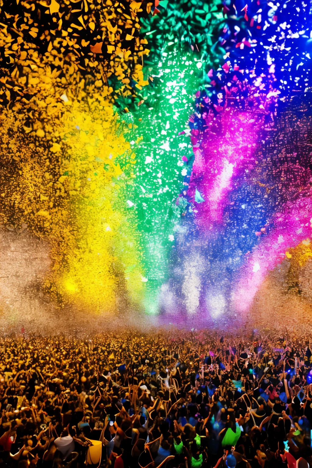 from above, best quality, 32k, RAW photo, incredibly absurdres, extremely detailed, 3D, many colored confetti flying up, silver glittering confetti, golden glittering confetti, colorful, light up, delicate, flashy and dynamic depiction