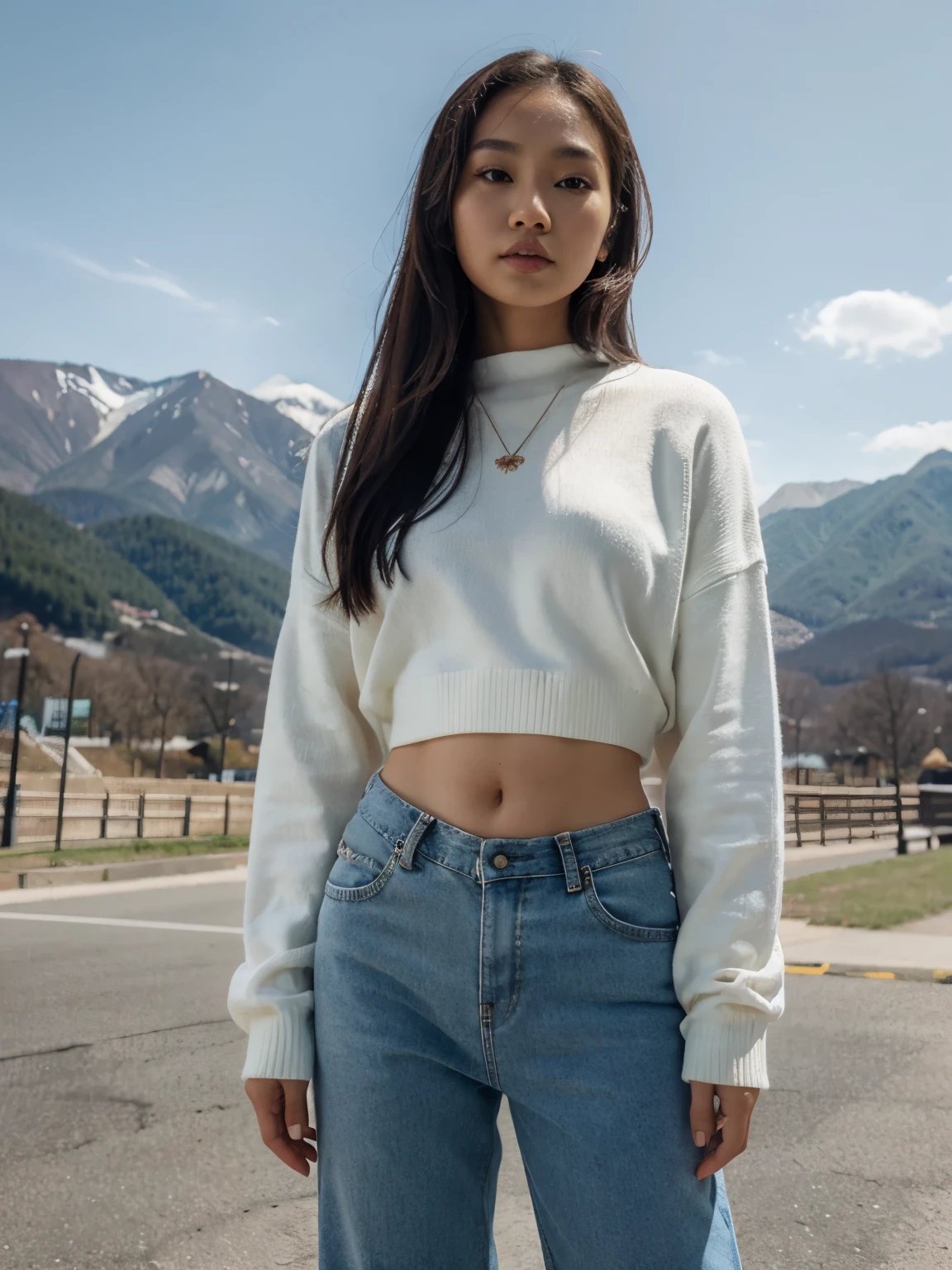 Half body portrait, 8k , plae skin asian ( korea+ Burmese)mixed girl , wearing oversized sweater, white sweater oversized top , jenn pants 👖 , and sneakers , background with the mountains